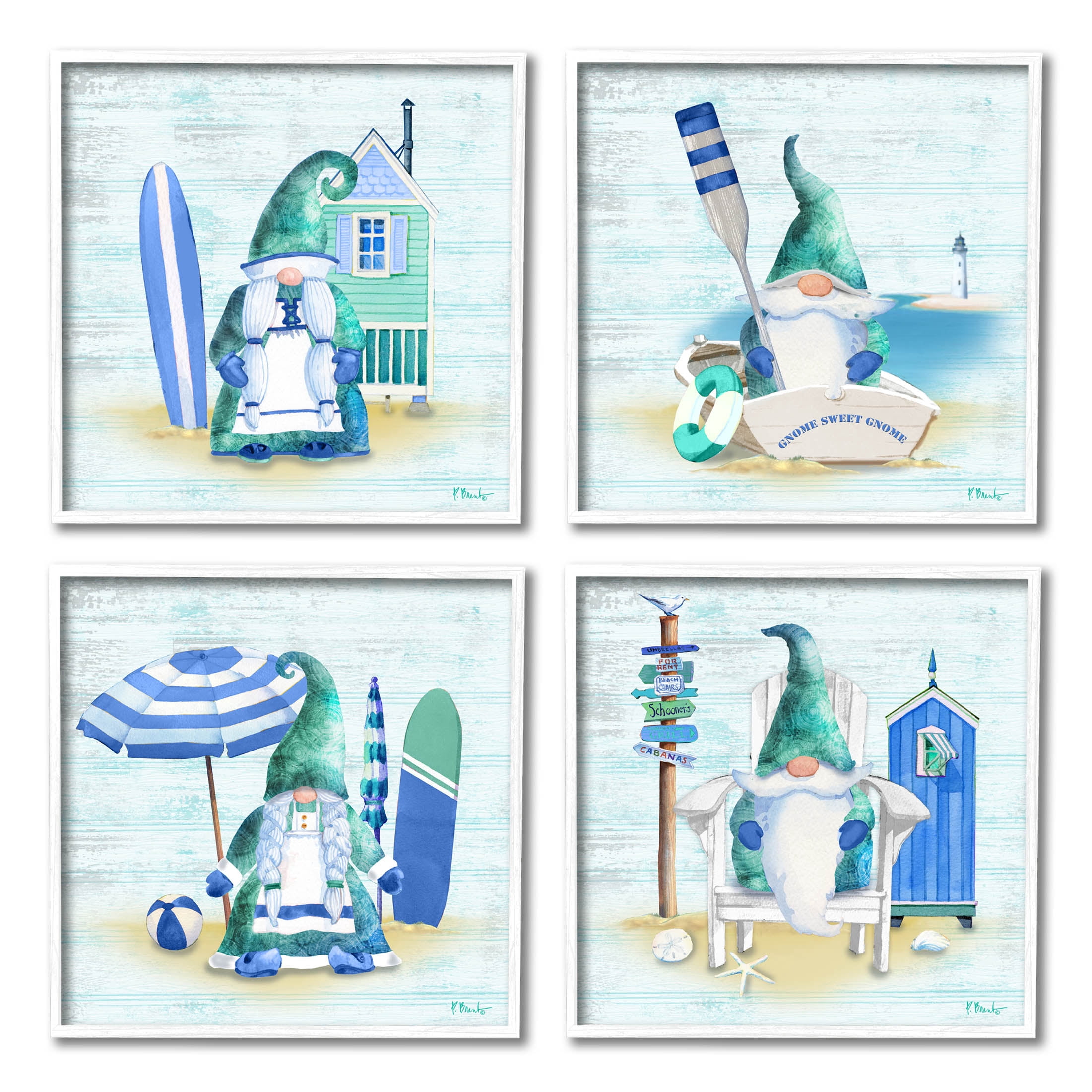 Stupell Industries Coastal Gnomes Nautical Life Graphic Art White Framed Art Print Wall Art, Set of 4, Design by Paul Brent