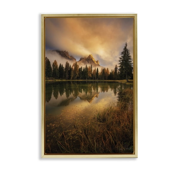 Stupell Industries Coastal Golden Autumn Sunset over Lake Gold Floating Frame Canvas Art, 17 x 25, by Martin Podt