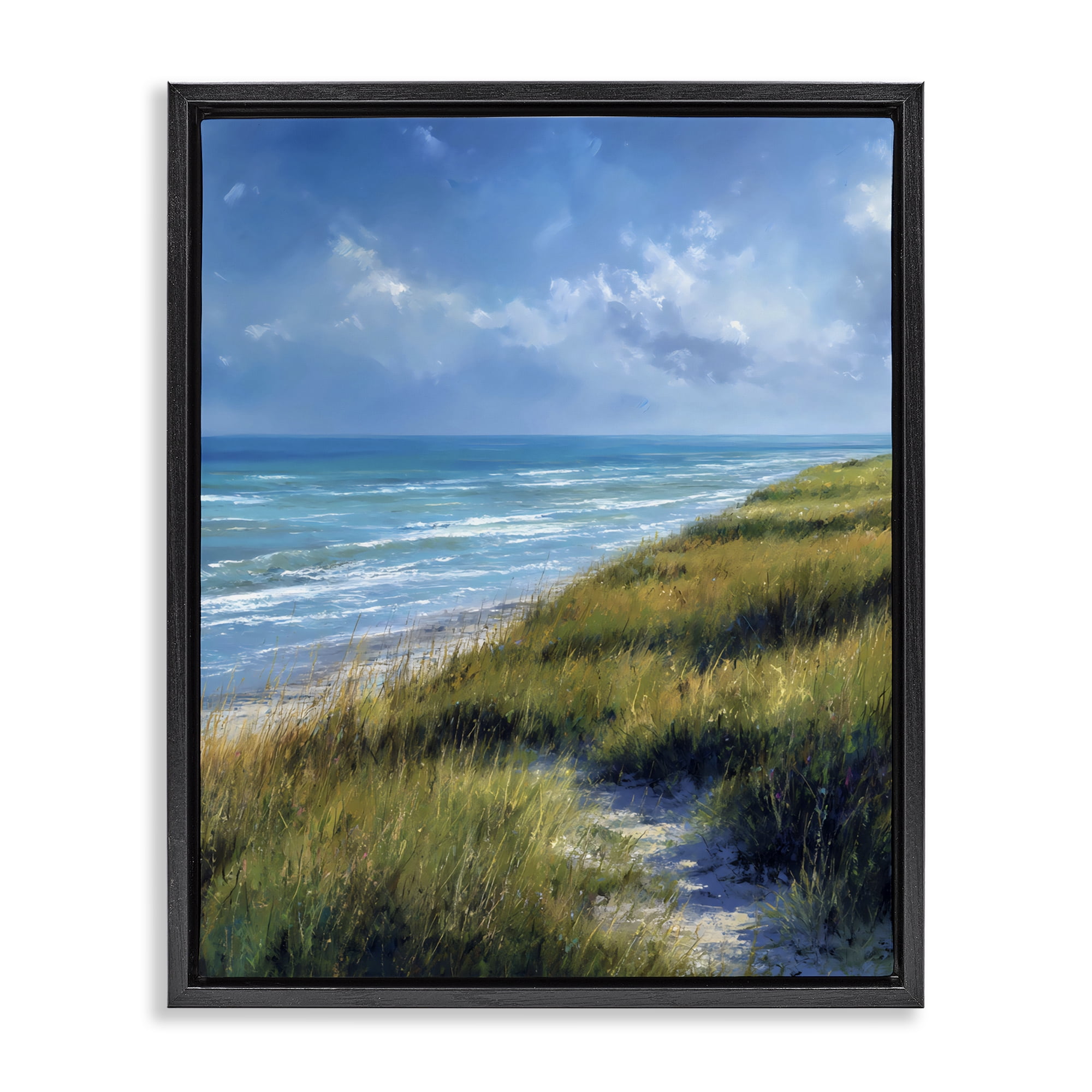 Stupell Industries Coastal Grass & Rolling Waves Black Framed Floater Canvas Wall Art, design by Franklyn Gregory