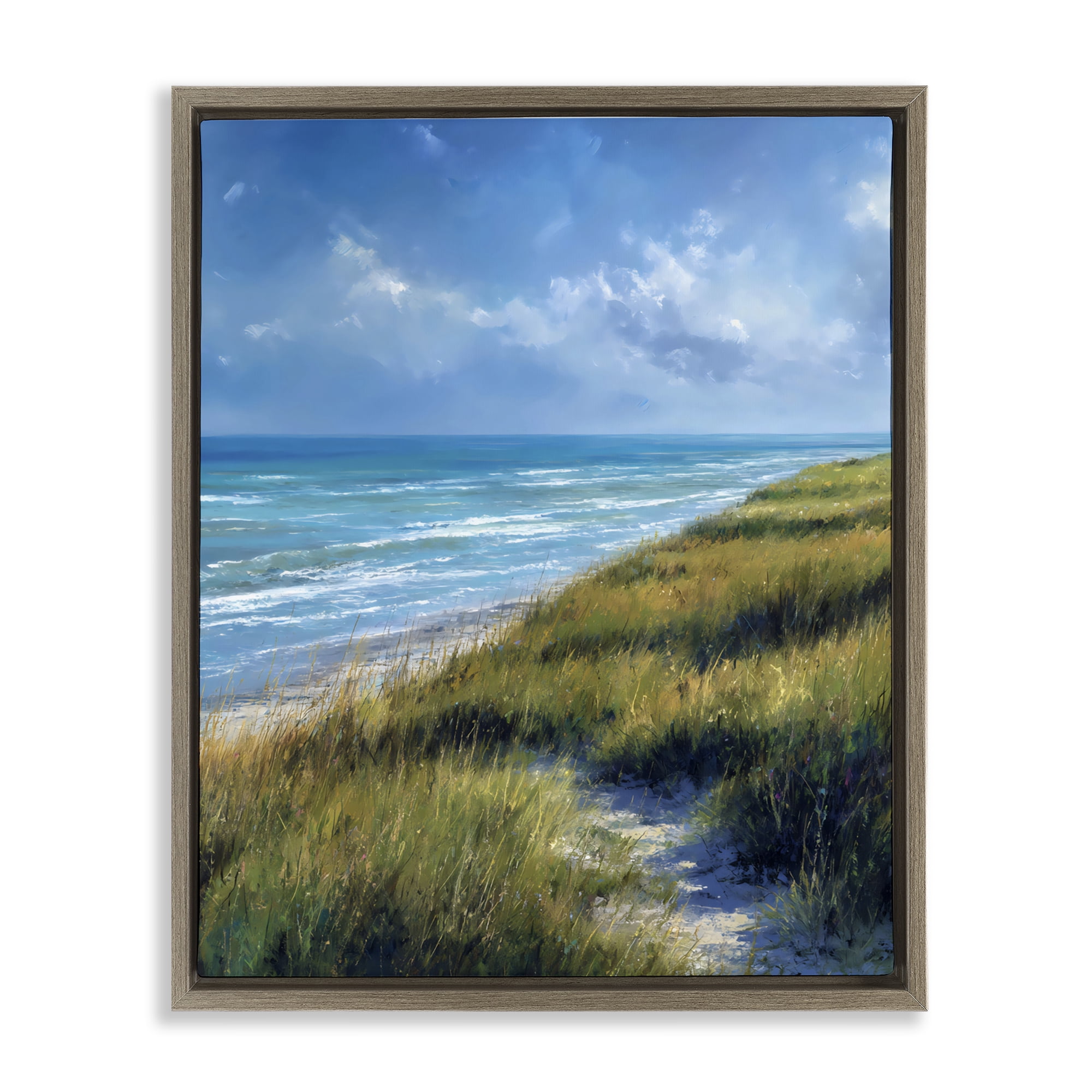 Stupell Industries Coastal Grass & Rolling Waves Brown Framed Floater Canvas Wall Art, design by Franklyn Gregory