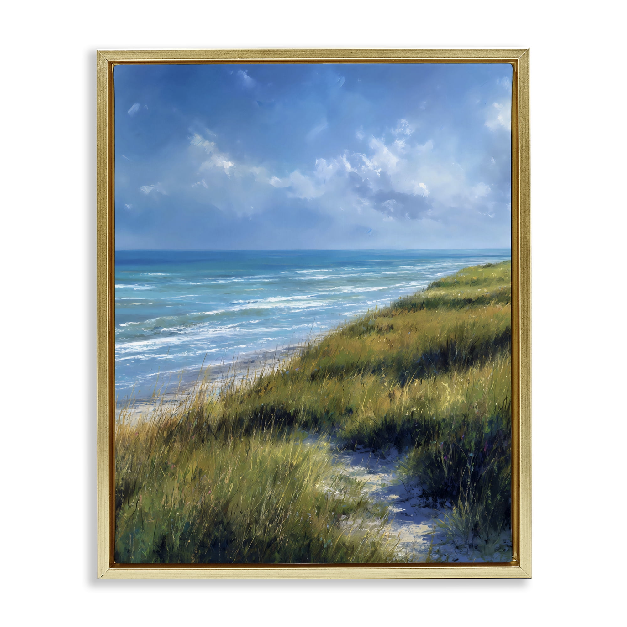 Stupell Industries Coastal Grass & Rolling Waves Gold Framed Floater Canvas Wall Art, design by Franklyn Gregory