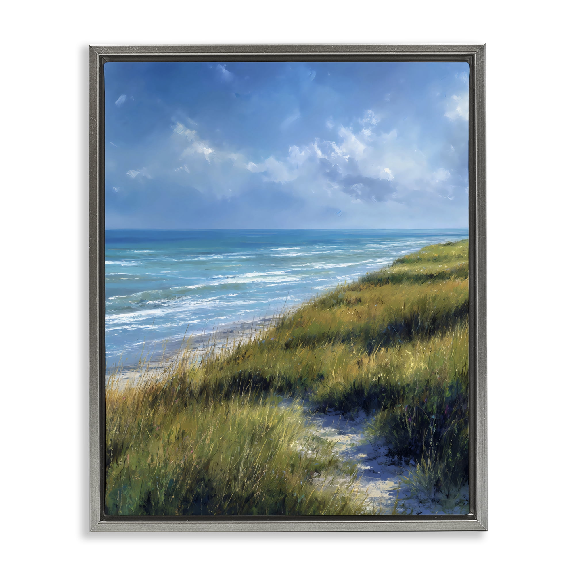 Stupell Industries Coastal Grass & Rolling Waves Gray Framed Floater Canvas Wall Art, design by Franklyn Gregory