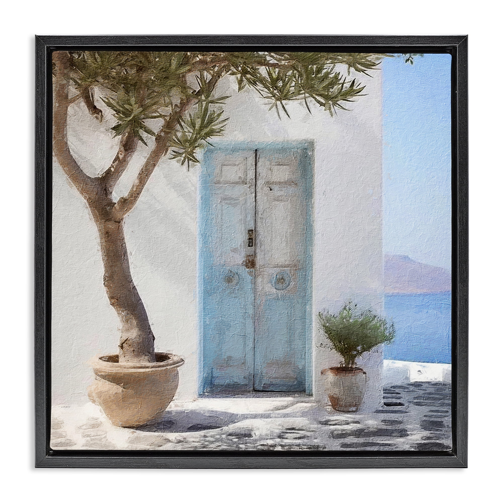 Stupell Industries Coastal Greek Door Town & City Painting Black Floater Framed Canvas Art Print Wall Art, 18 x 18
