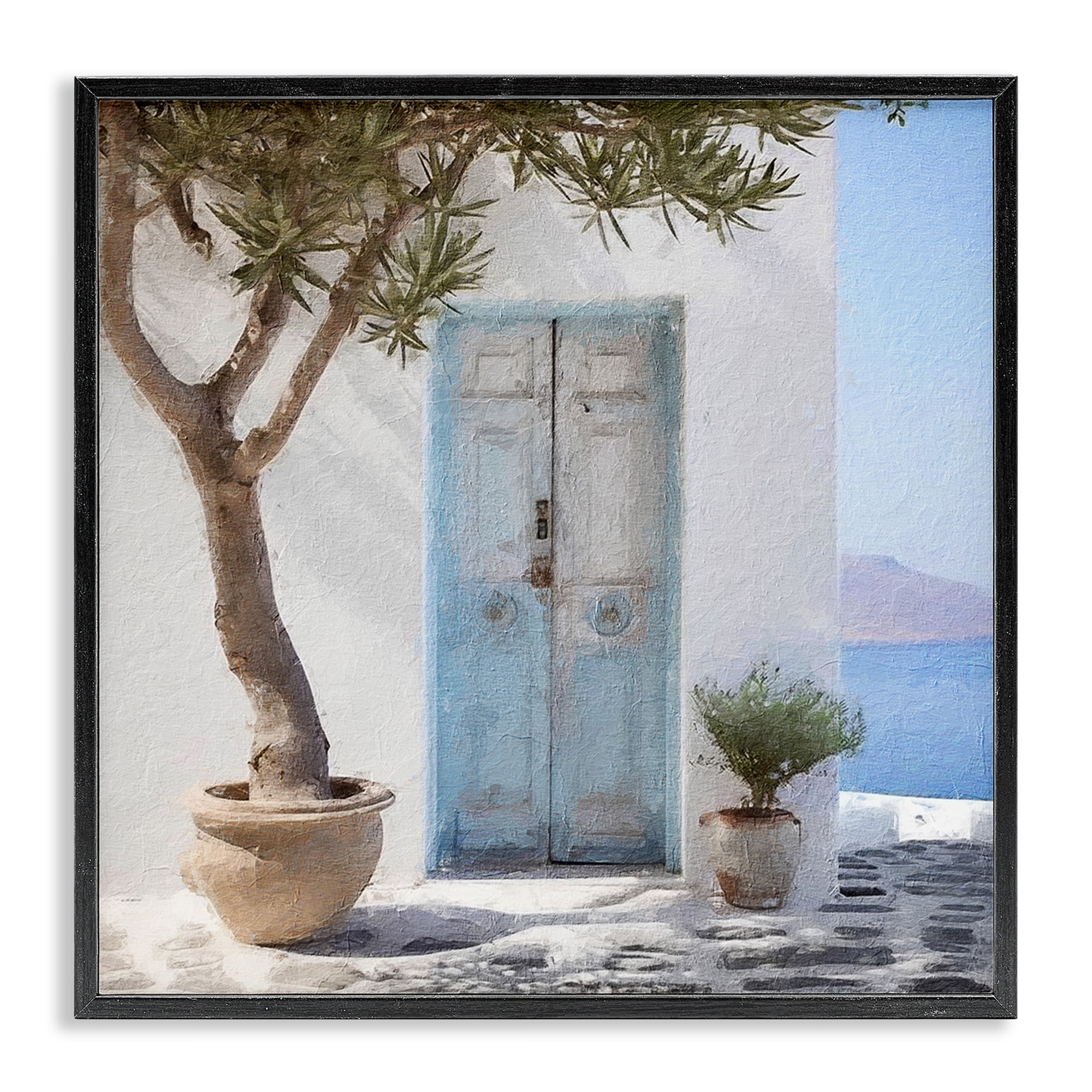 Stupell Industries Coastal Greek Door Town & City Painting Black Framed Art Print Wall Art, 24 x 24