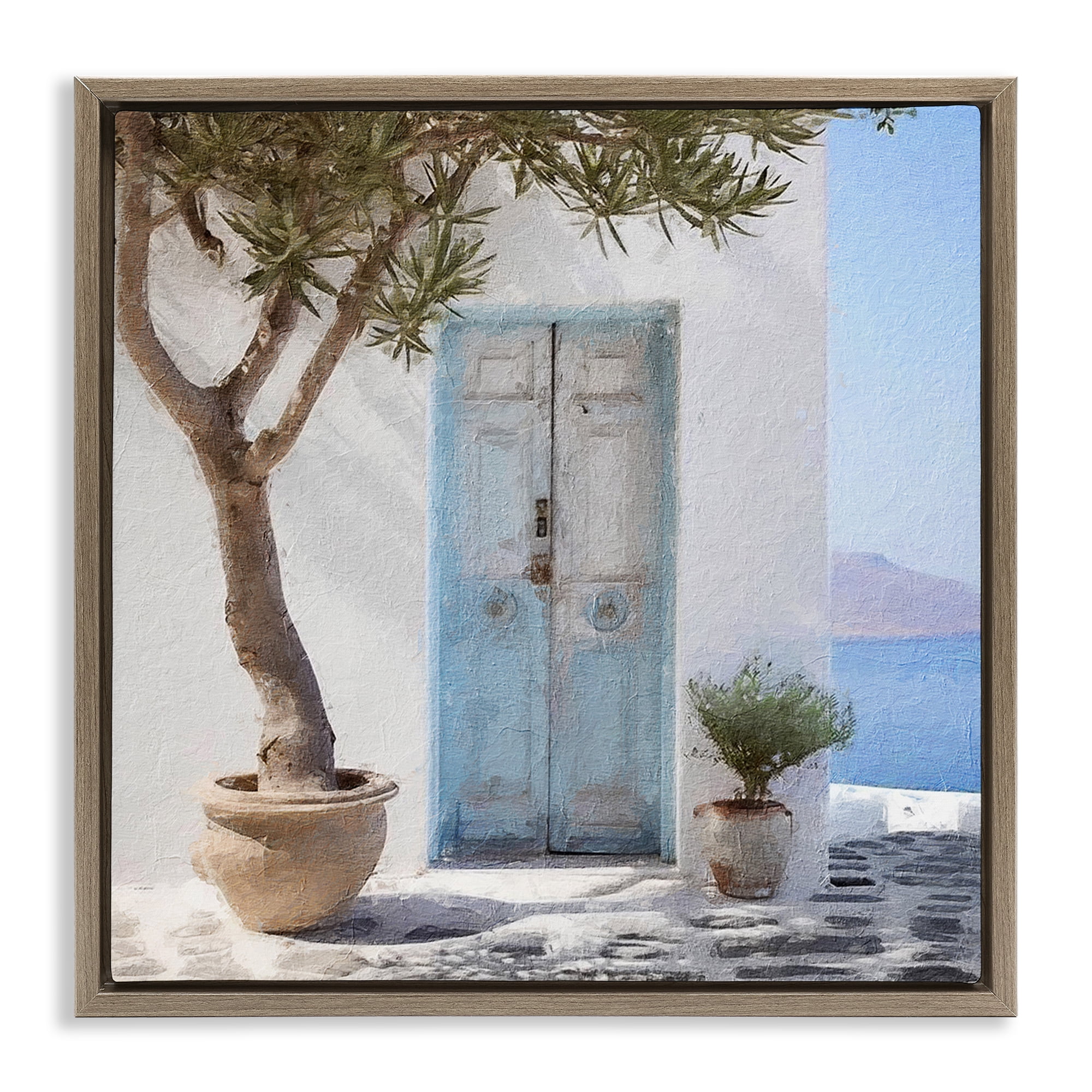 Stupell Industries Coastal Greek Door Town & City Painting Brown Floater Framed Canvas Art Print Wall Art, 18 x 18