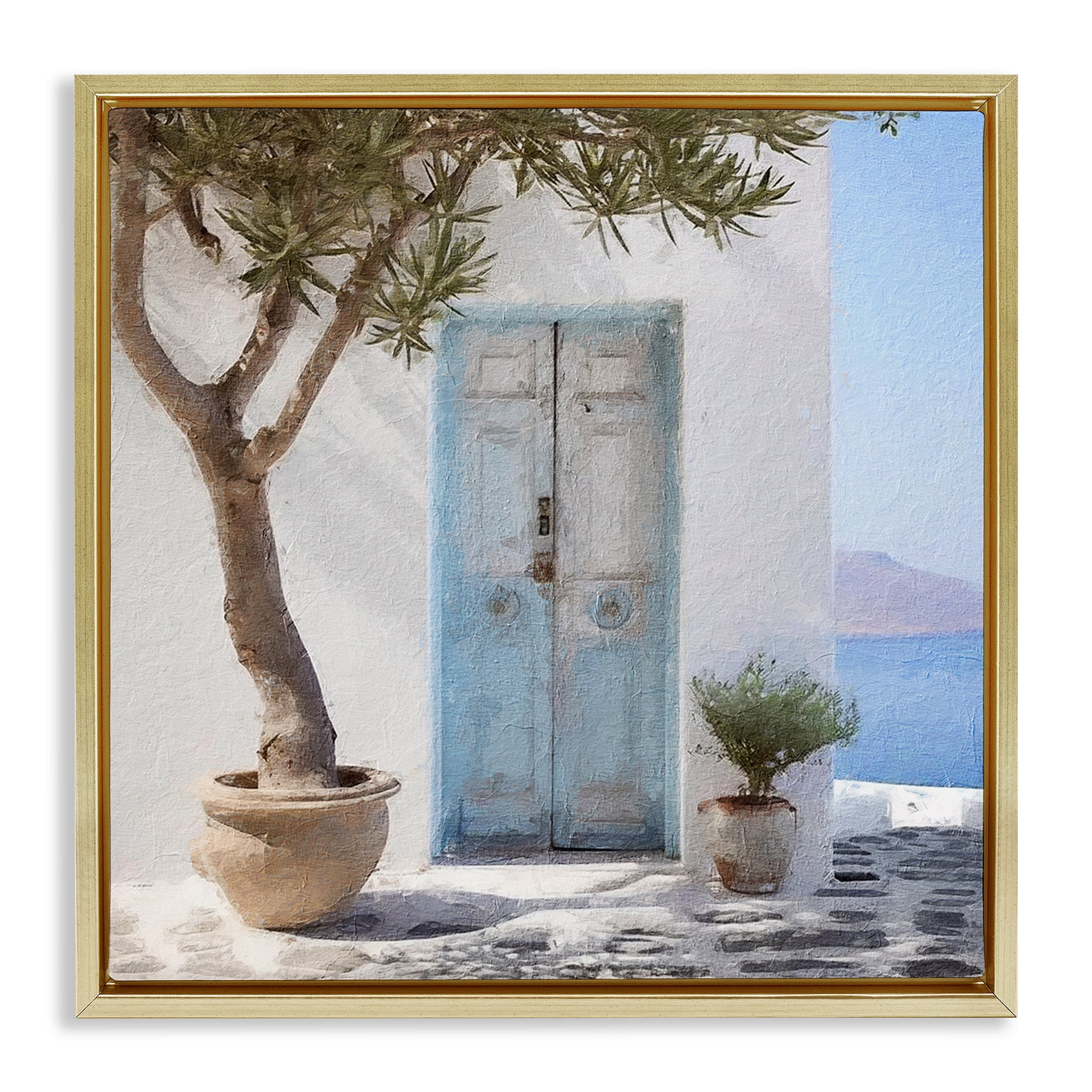 Stupell Industries Coastal Greek Door Town & City Painting Gold Floater Framed Canvas Art Print Wall Art, 25 x 25