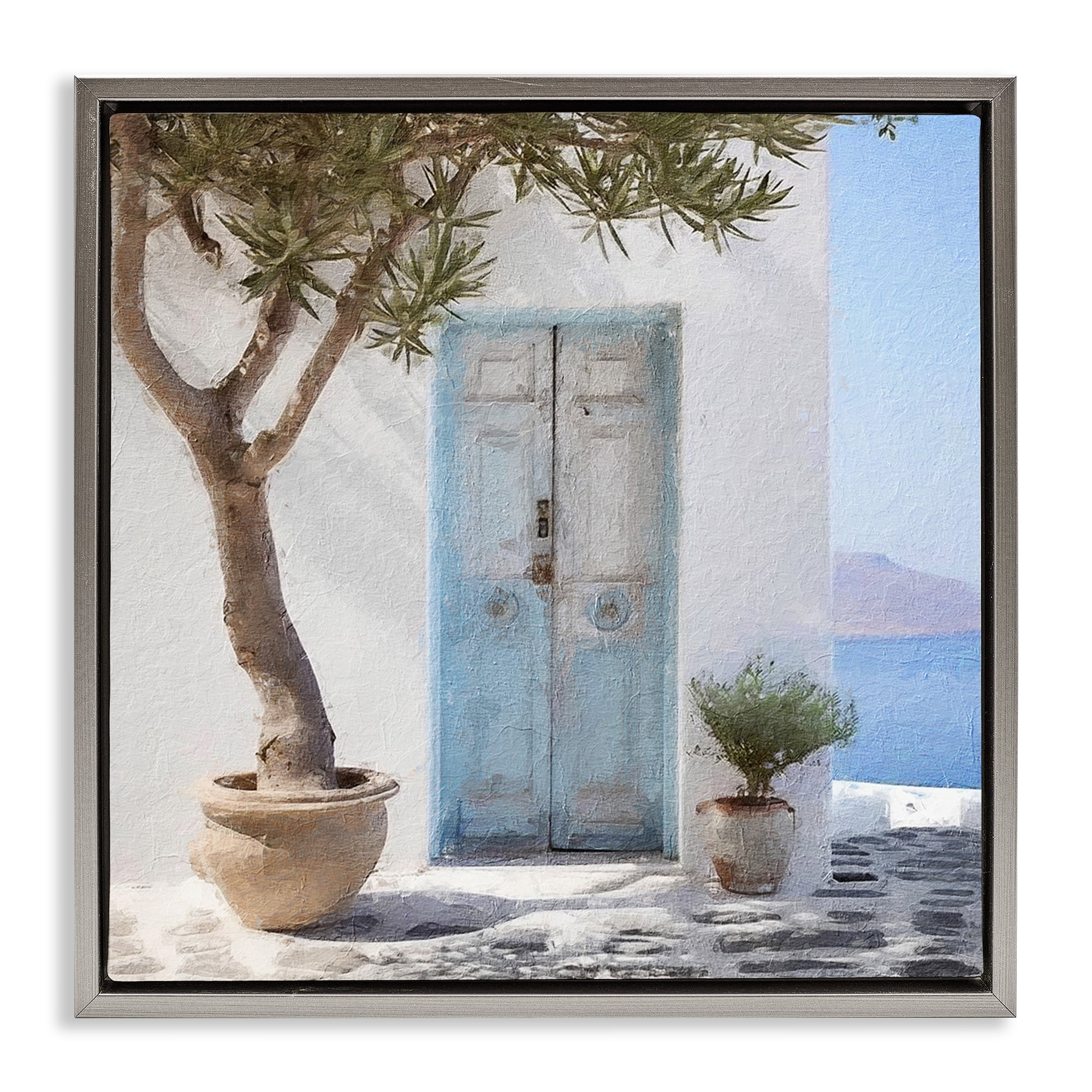 Stupell Industries Coastal Greek Door Town & City Painting Gray Floater Framed Canvas Art Print Wall Art, 25 x 25
