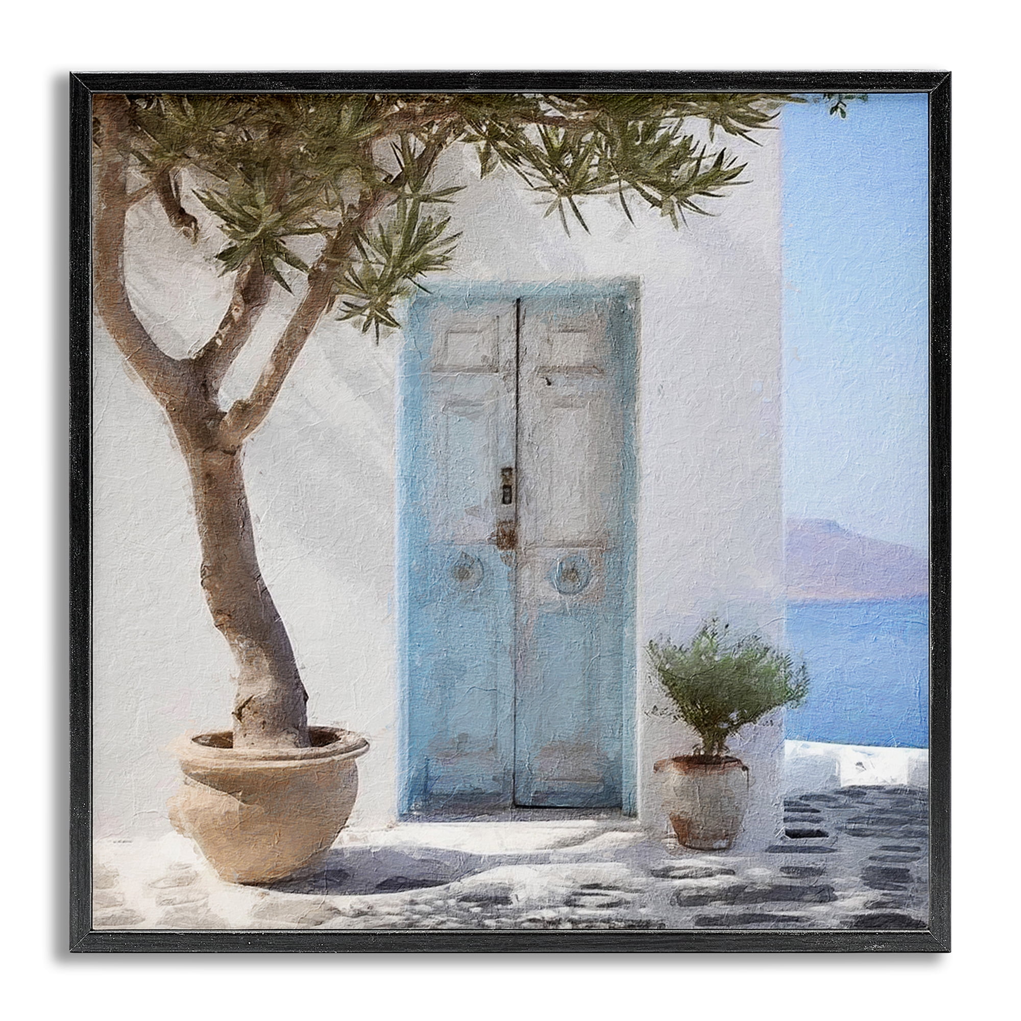 Stupell Industries Coastal Greek Door Town & City Painting Gray Framed Art Print Wall Art, 24 x 24