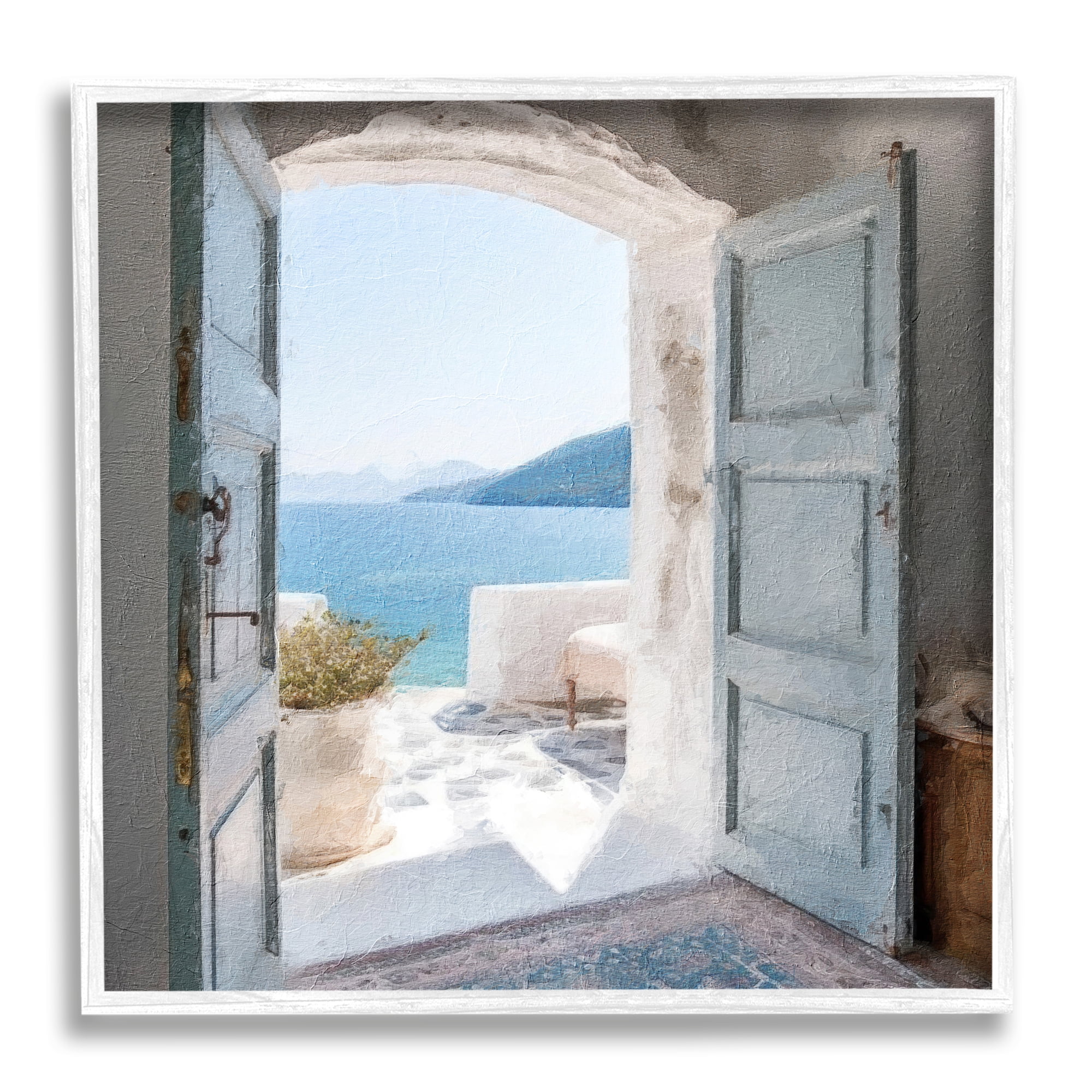 White Framed Coastal Greek Villa Canvas Print, 12" x 12"