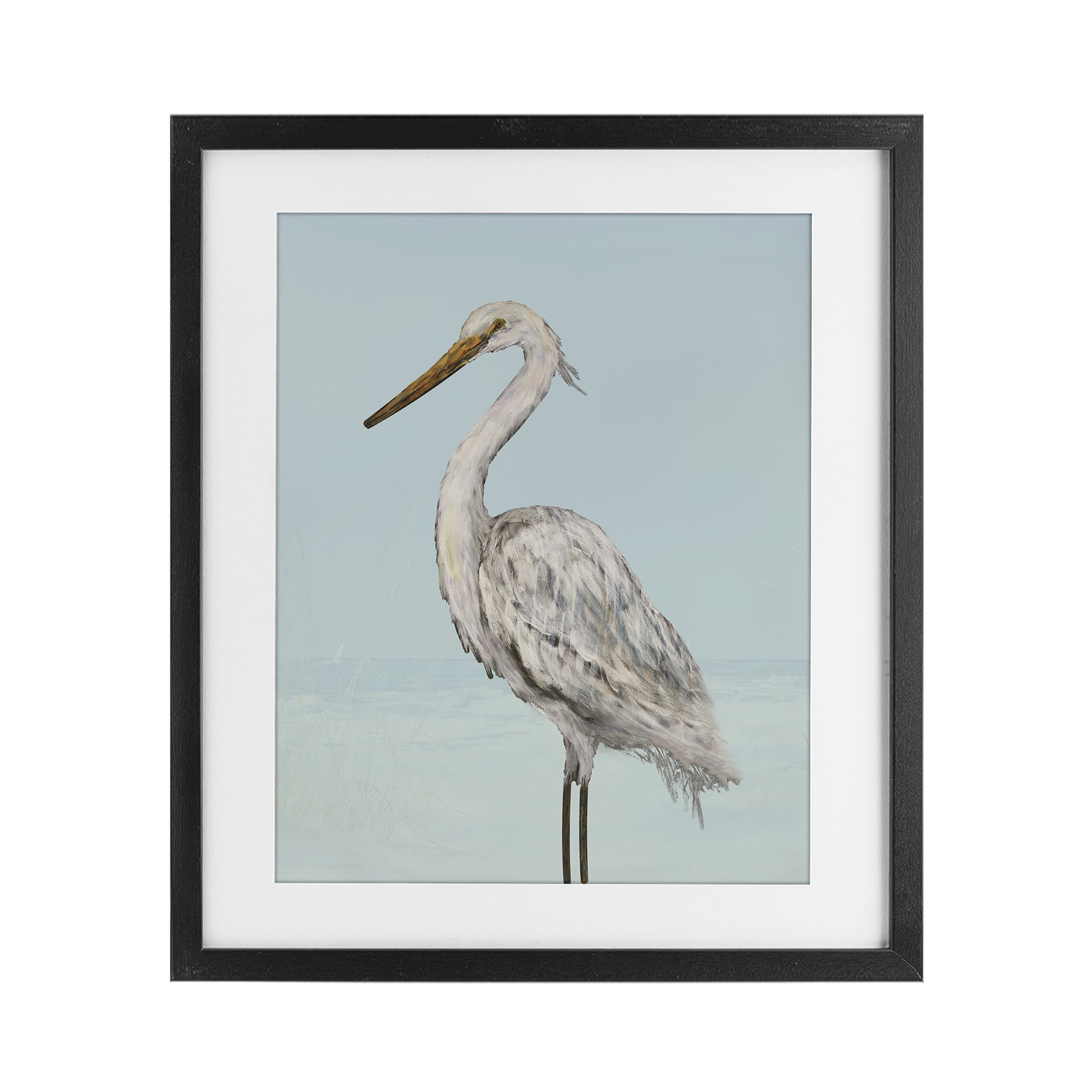 Stupell Industries Coastal Heron Muted Blue Black Framed Print Under Glass, design by Julie DeRice