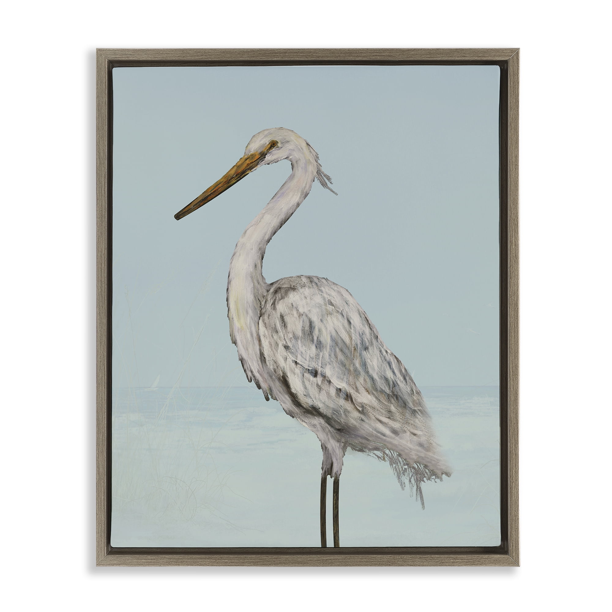 Stupell Industries Coastal Heron Muted Blue Brown Framed Floater Canvas Wall Art, design by Julie DeRice