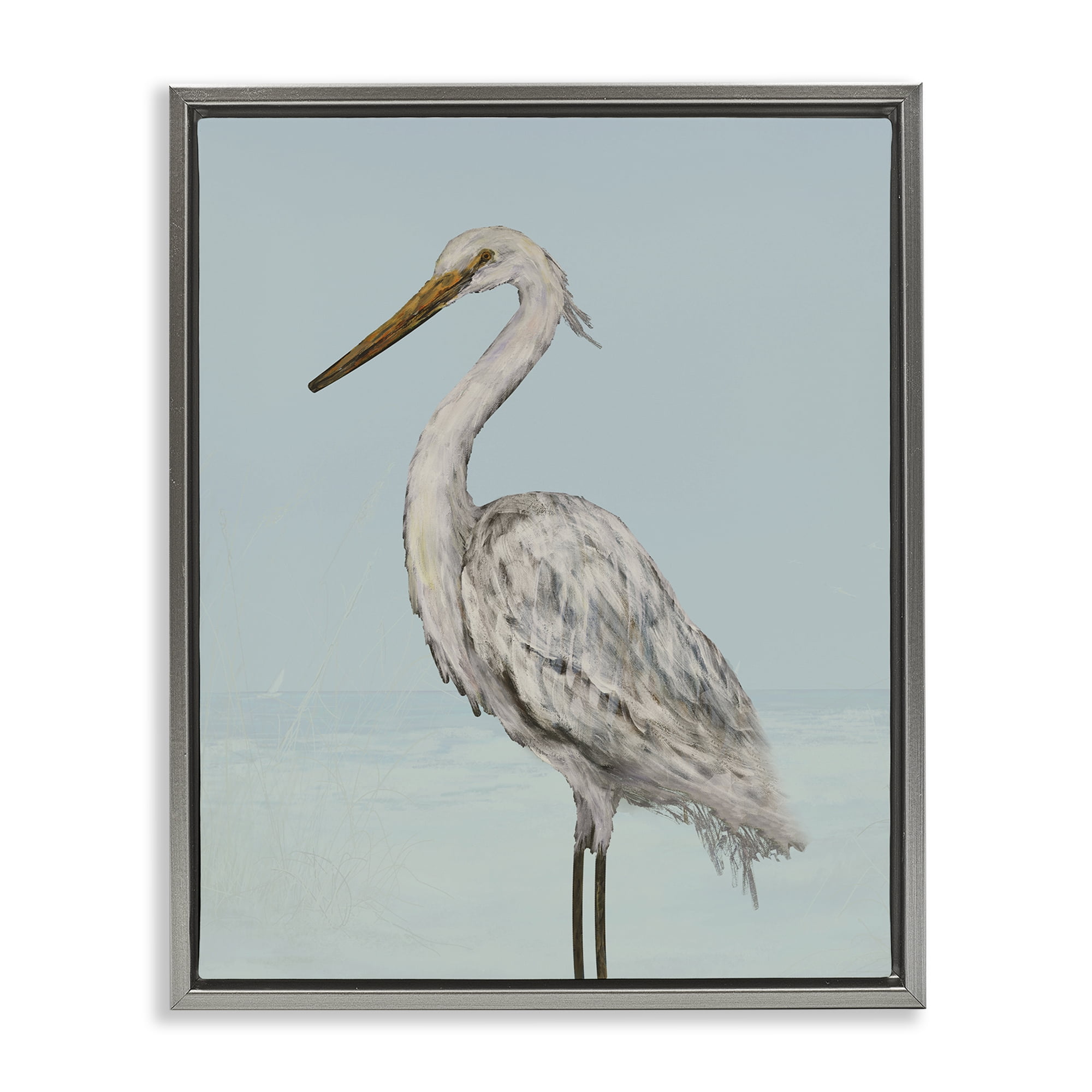 Stupell Industries Coastal Heron Muted Blue Gray Framed Floater Canvas Wall Art, design by Julie DeRice