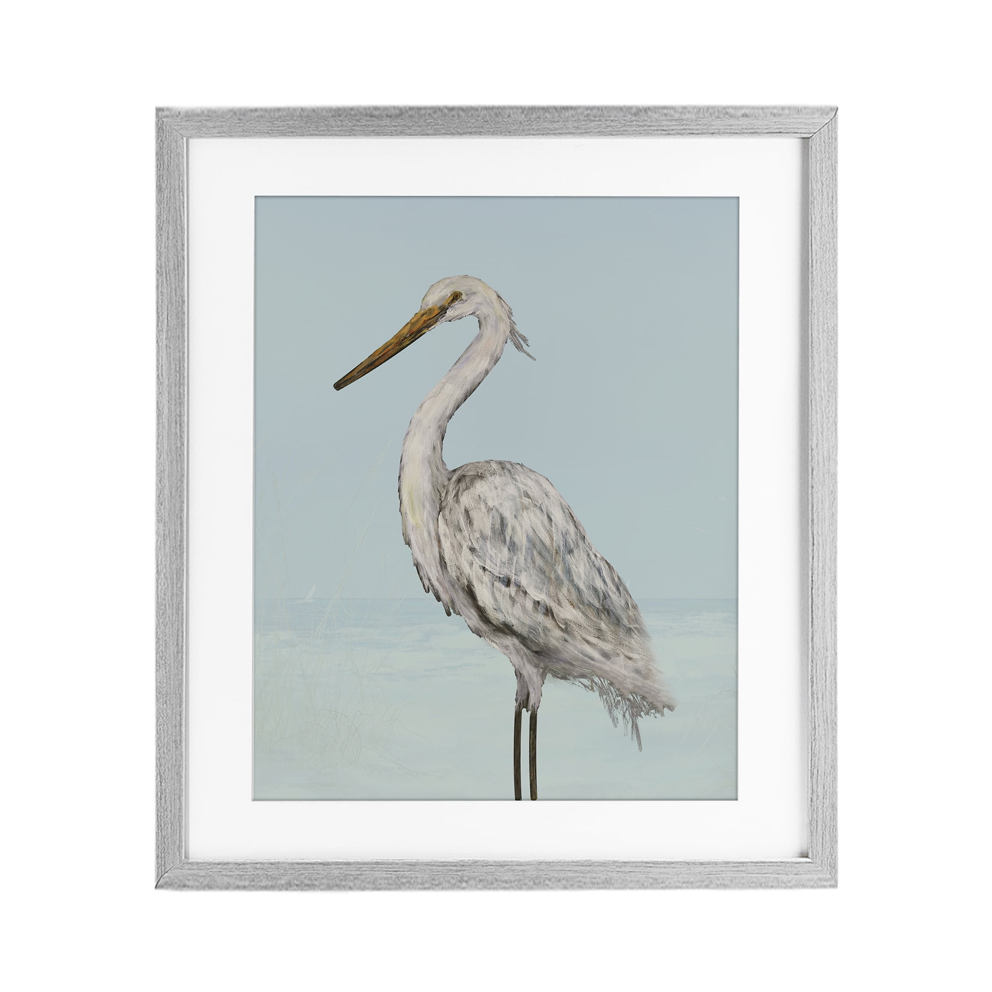 Stupell Industries Coastal Heron Muted Blue Gray Framed Print Under Glass, design by Julie DeRice