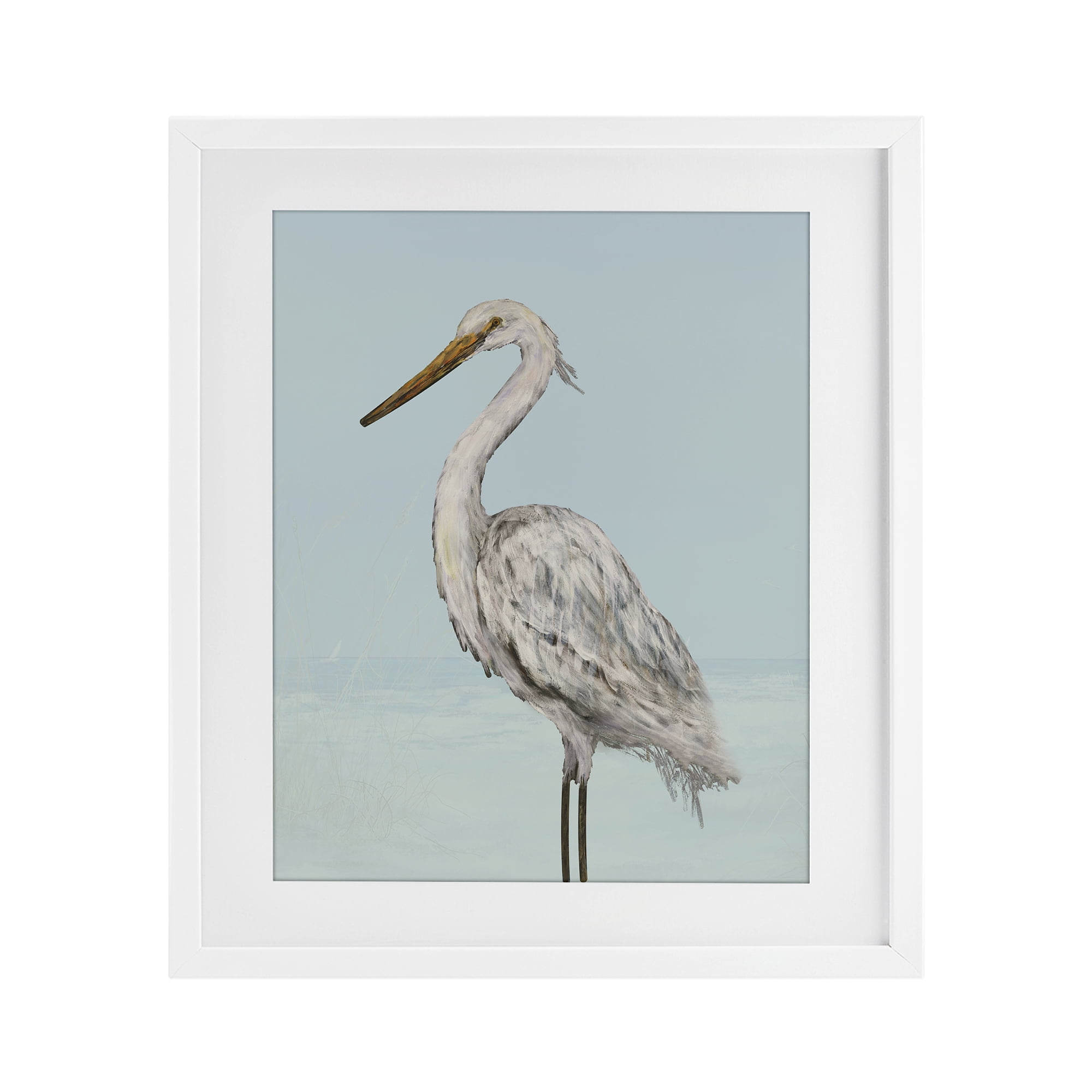 Stupell Industries Coastal Heron Muted Blue White Framed Print Under Glass, design by Julie DeRice