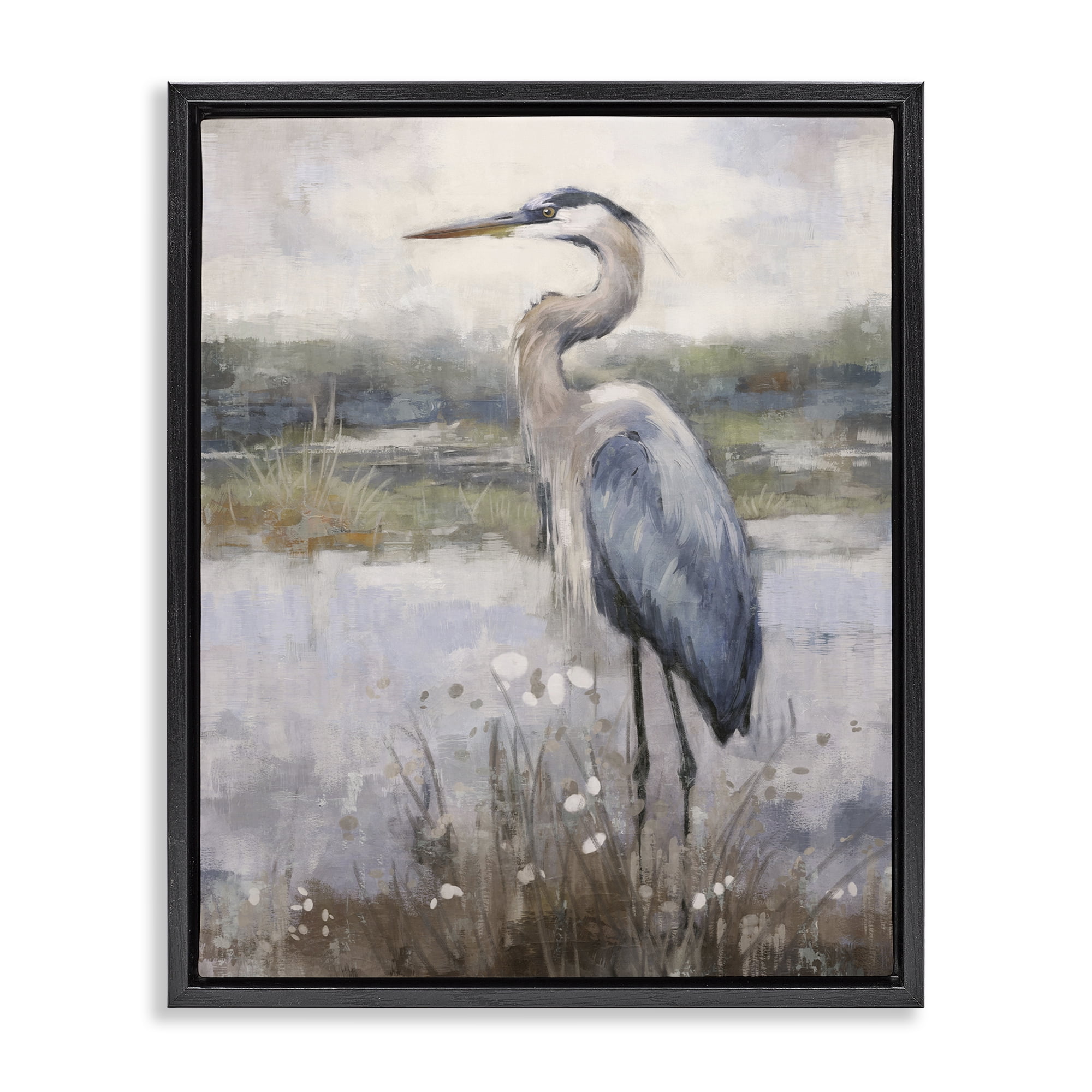 Stupell Industries Coastal Heron on Riverbank Landscape & Nature Painting Black Floater Framed Canvas Art Print Wall Art, 25 x 31