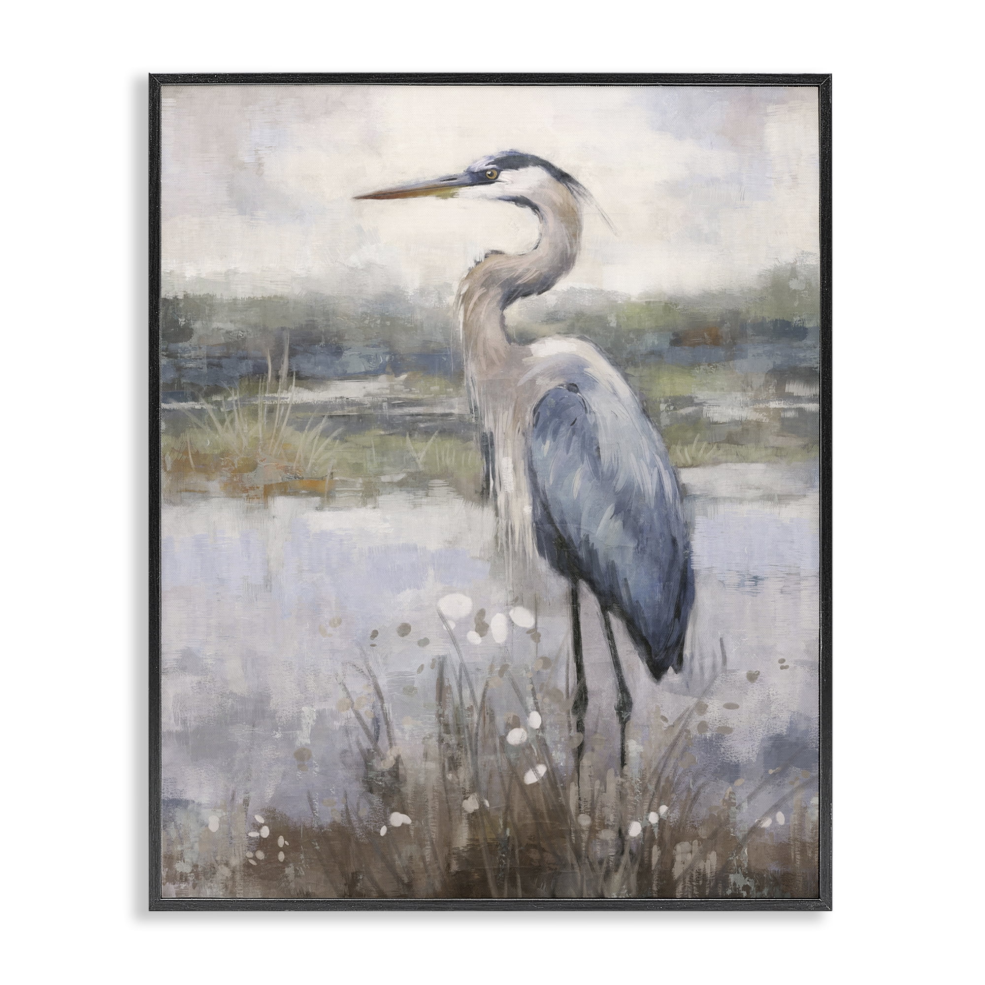 Stupell Industries Coastal Heron on Riverbank Landscape & Nature Painting Black Framed Art Print Wall Art, 16 x 20