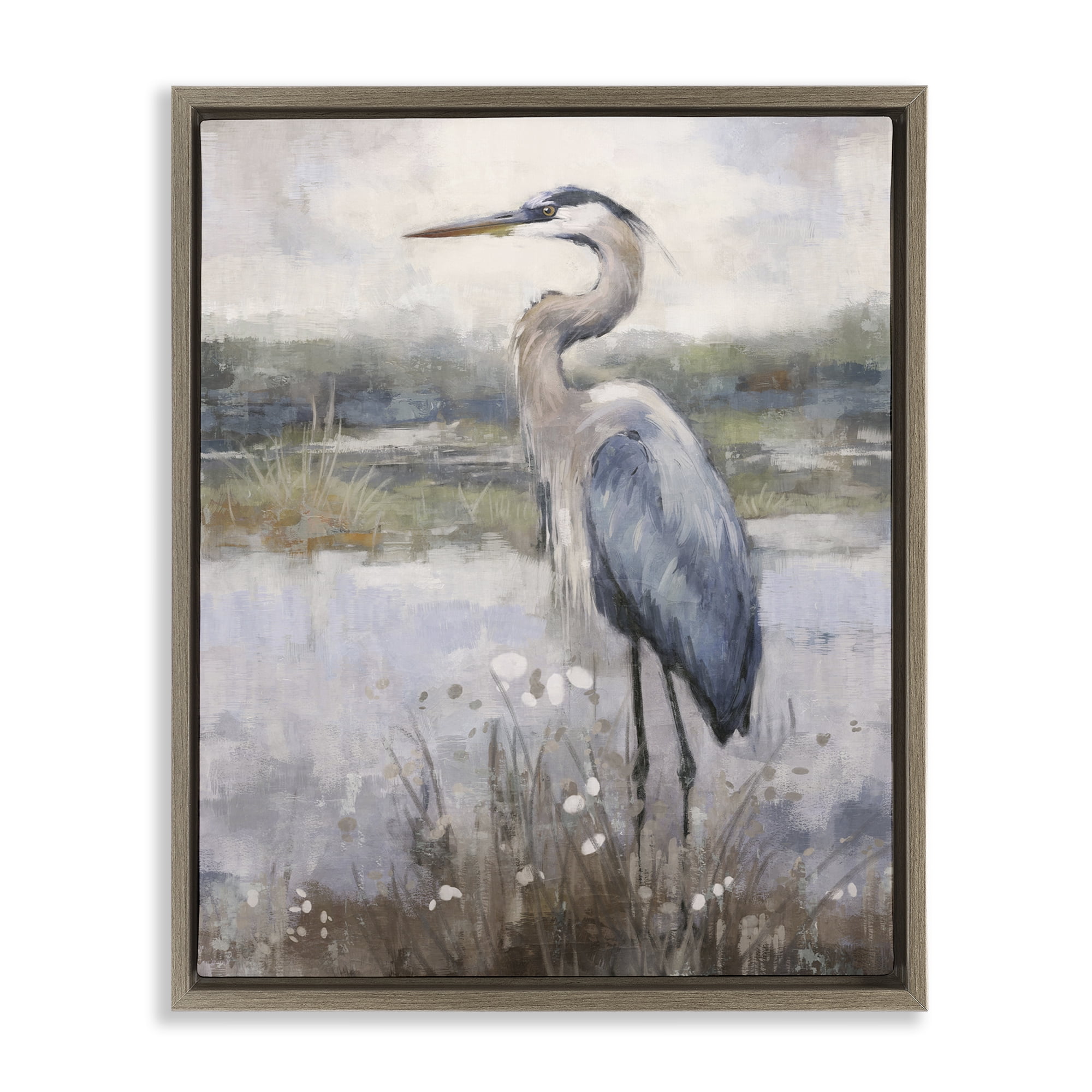 Stupell Industries Coastal Heron on Riverbank Landscape & Nature Painting Brown Floater Framed Canvas Art Print Wall Art, 17 x 21