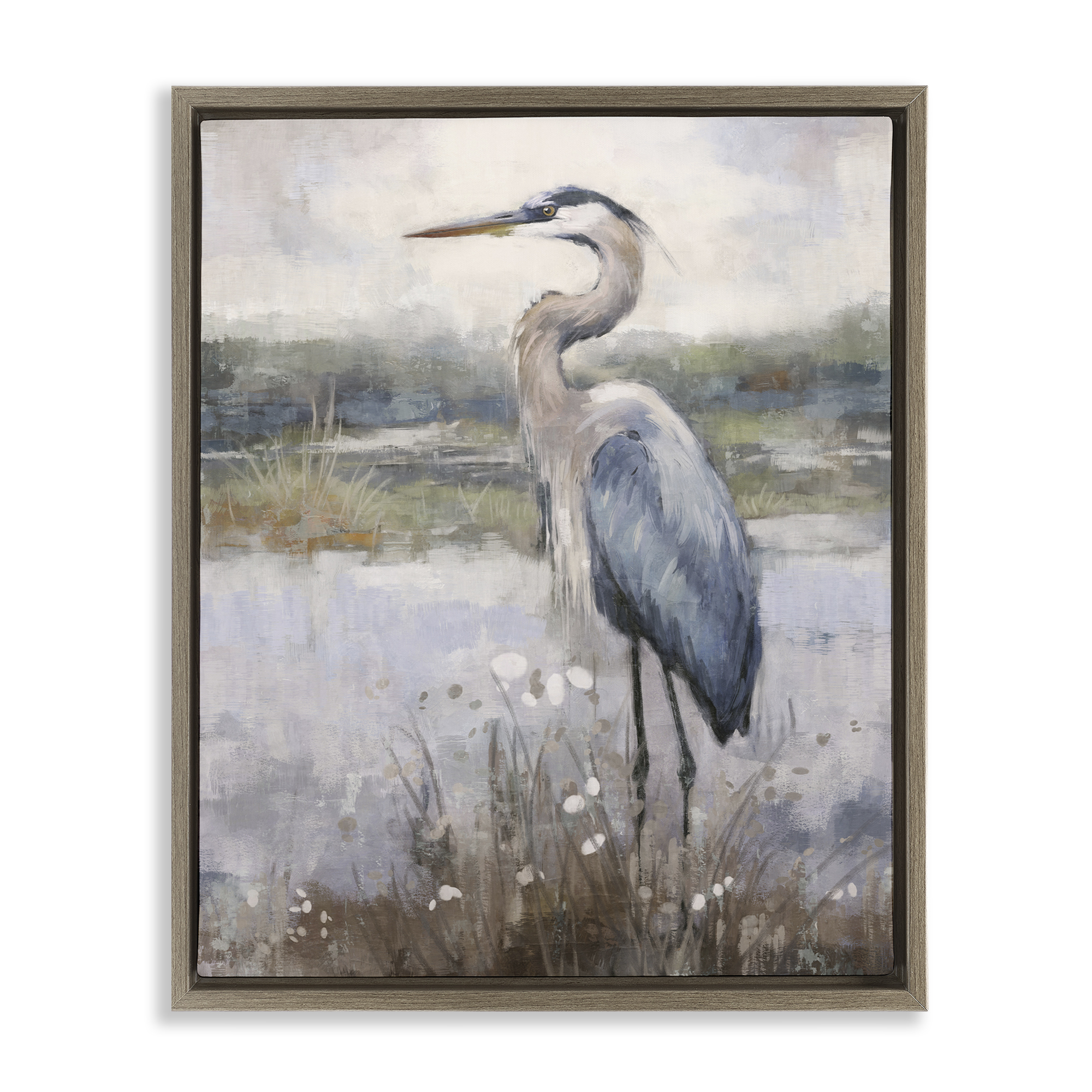 Stupell Industries Coastal Heron on Riverbank Landscape & Nature Painting Brown Floater Framed Canvas Art Print Wall Art, 25 x 31