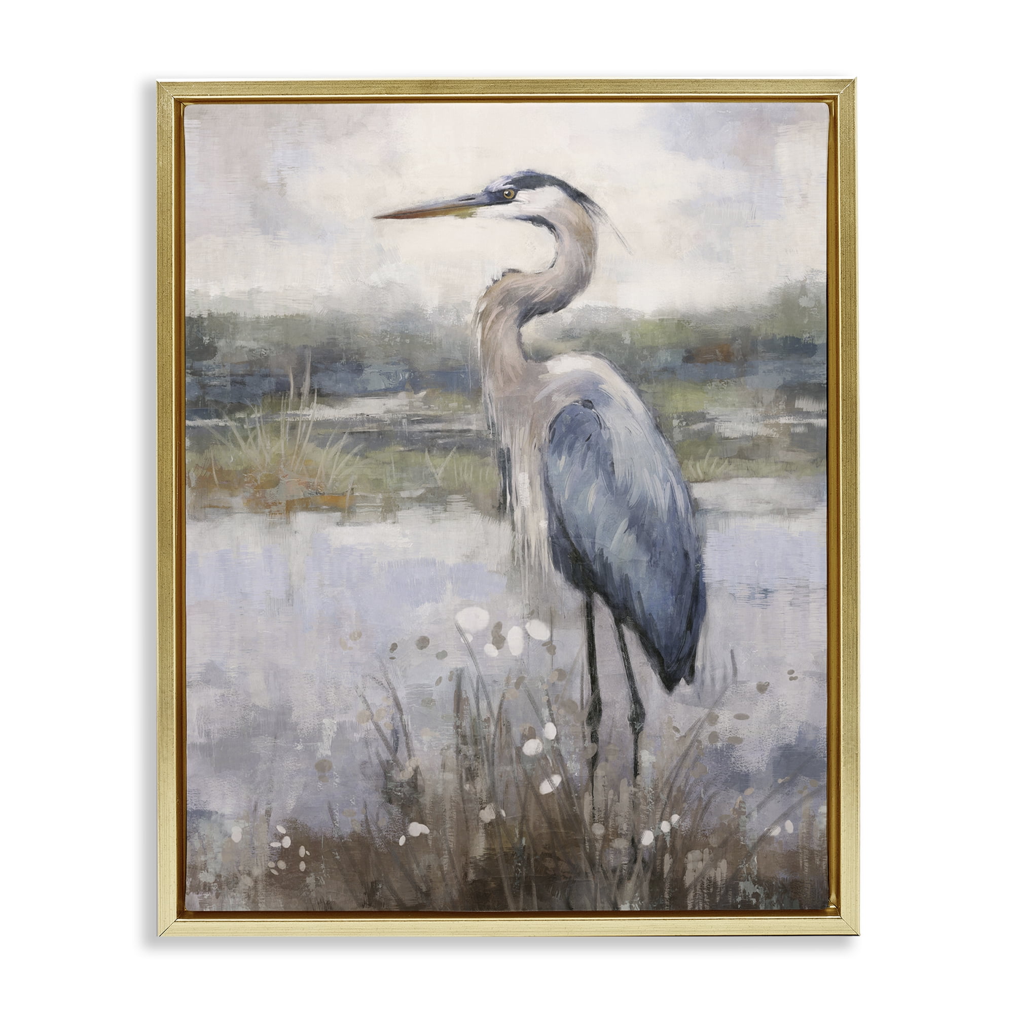 Stupell Industries Coastal Heron on Riverbank Landscape & Nature Painting Gold Floater Framed Canvas Art Print Wall Art, 25 x 31