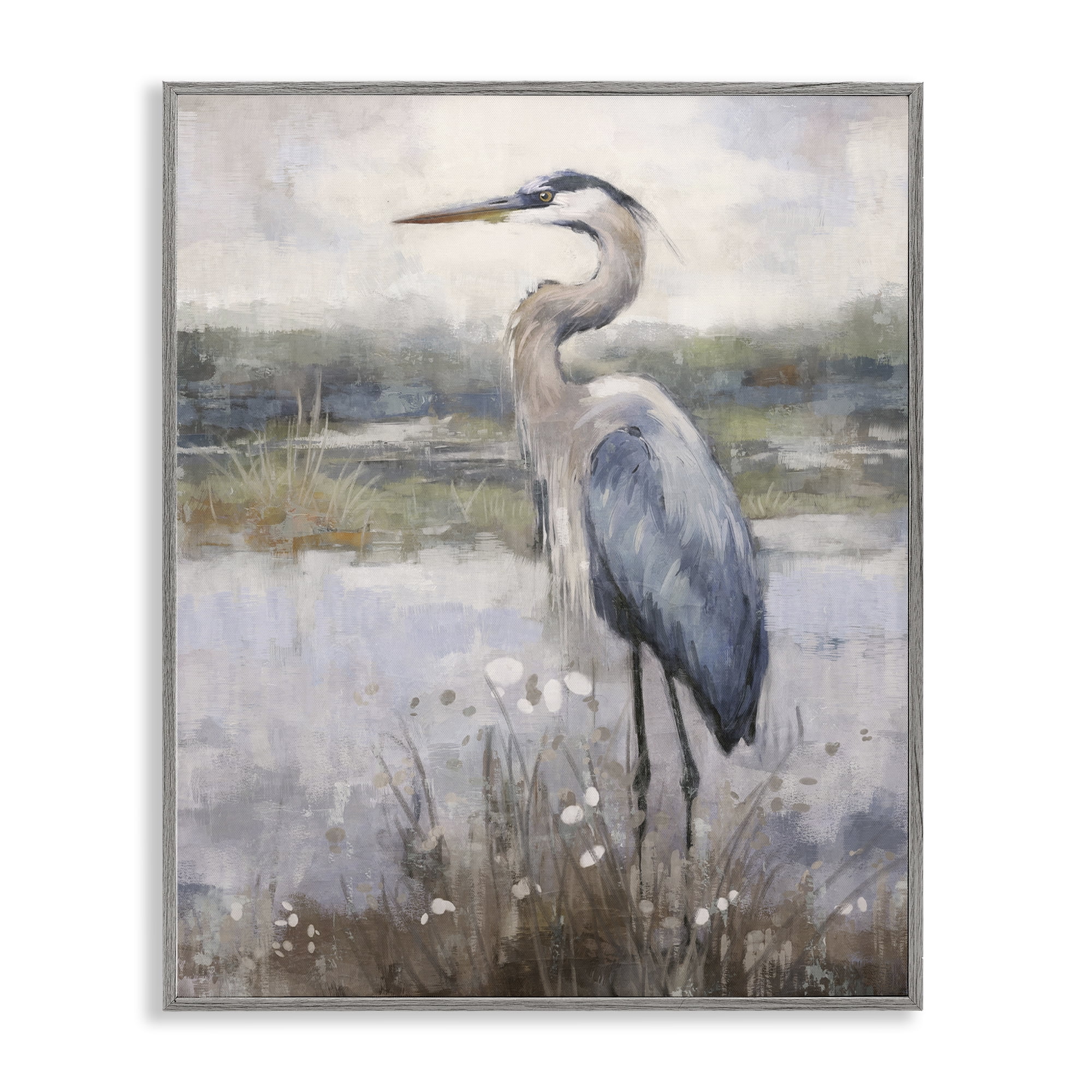 Stupell Industries Coastal Heron on Riverbank Landscape & Nature Painting Gray Framed Art Print Wall Art, 16 x 20