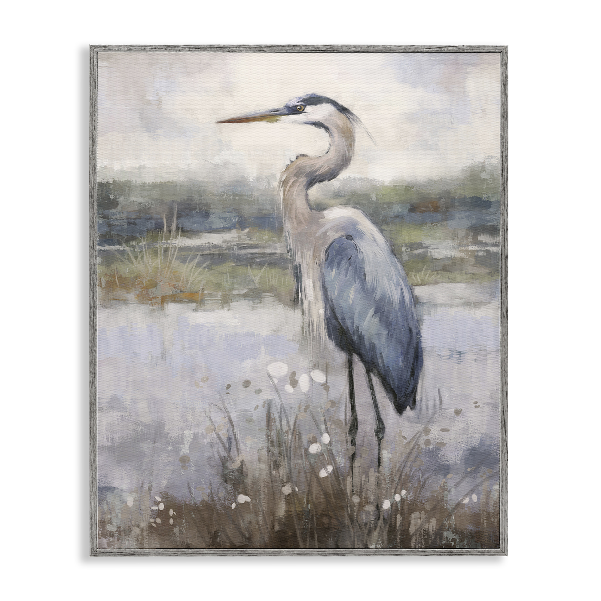 Stupell Industries Coastal Heron on Riverbank Landscape & Nature Painting Gray Framed Art Print Wall Art, 24 x 30
