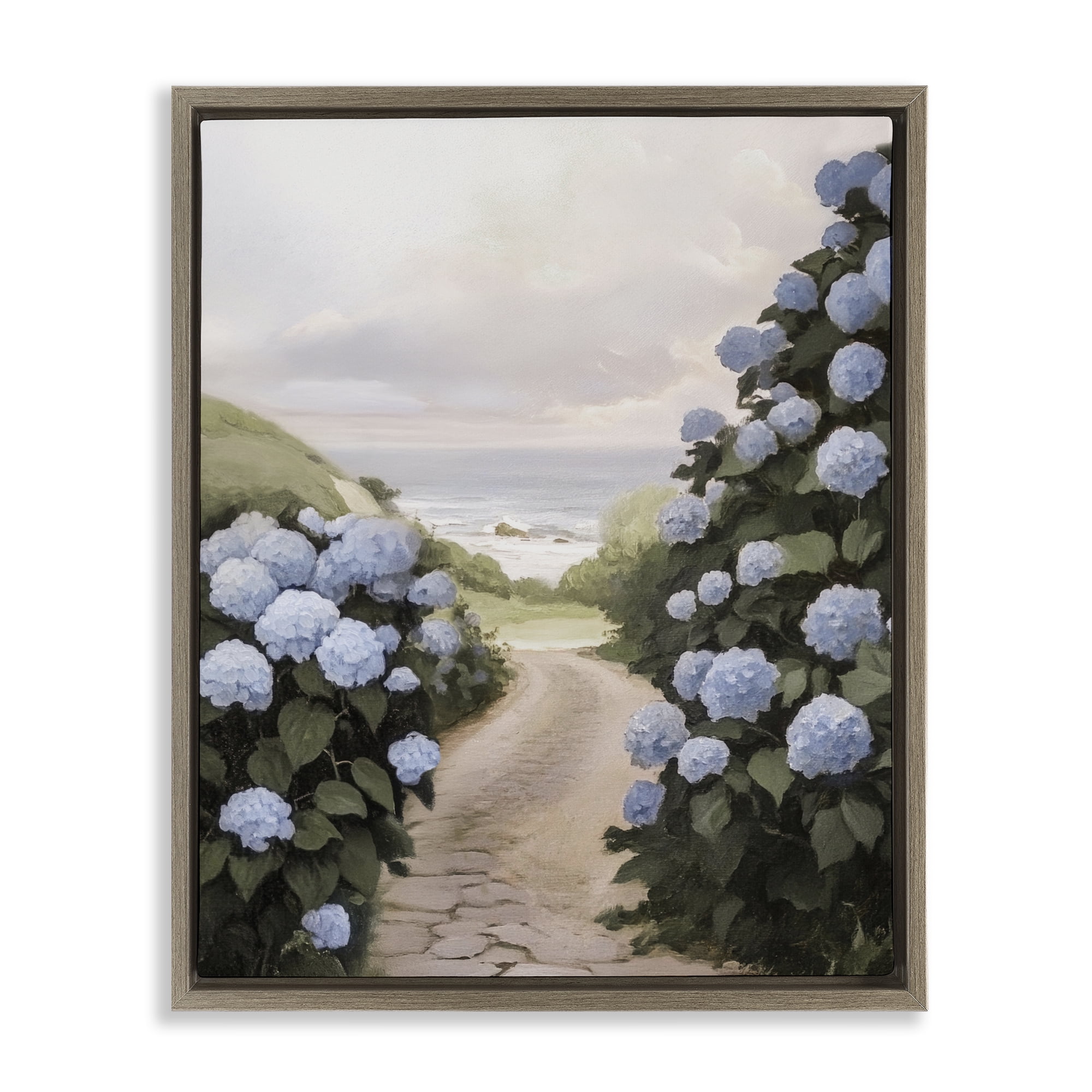 Stupell Industries Coastal Hydrangea Pathway Brown Framed Floater Canvas Wall Art, design by Sisi and Seb