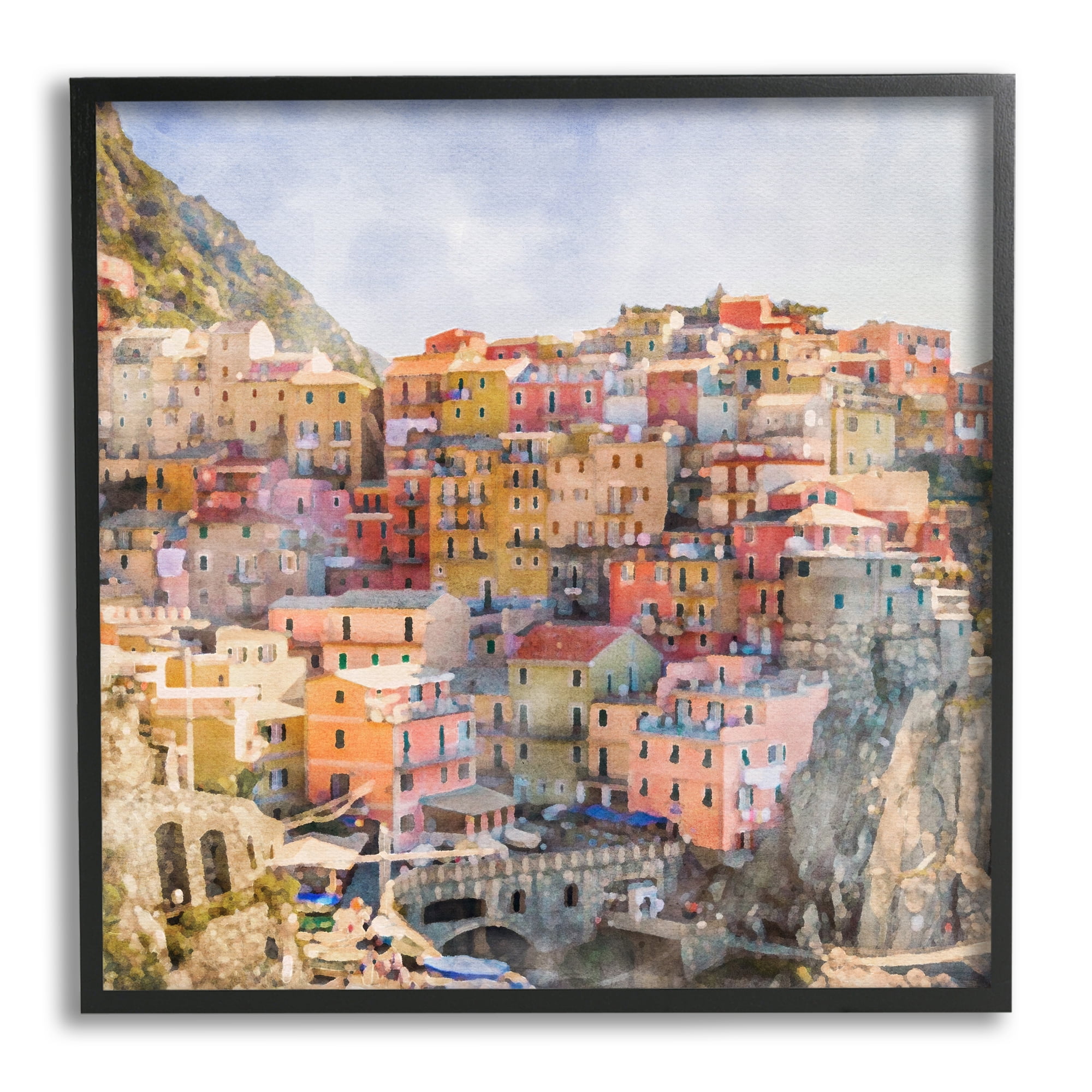 Stupell Industries Coastal Italian Town Travel & Places Painting Black Framed Art Print Wall Art, 24 x 24