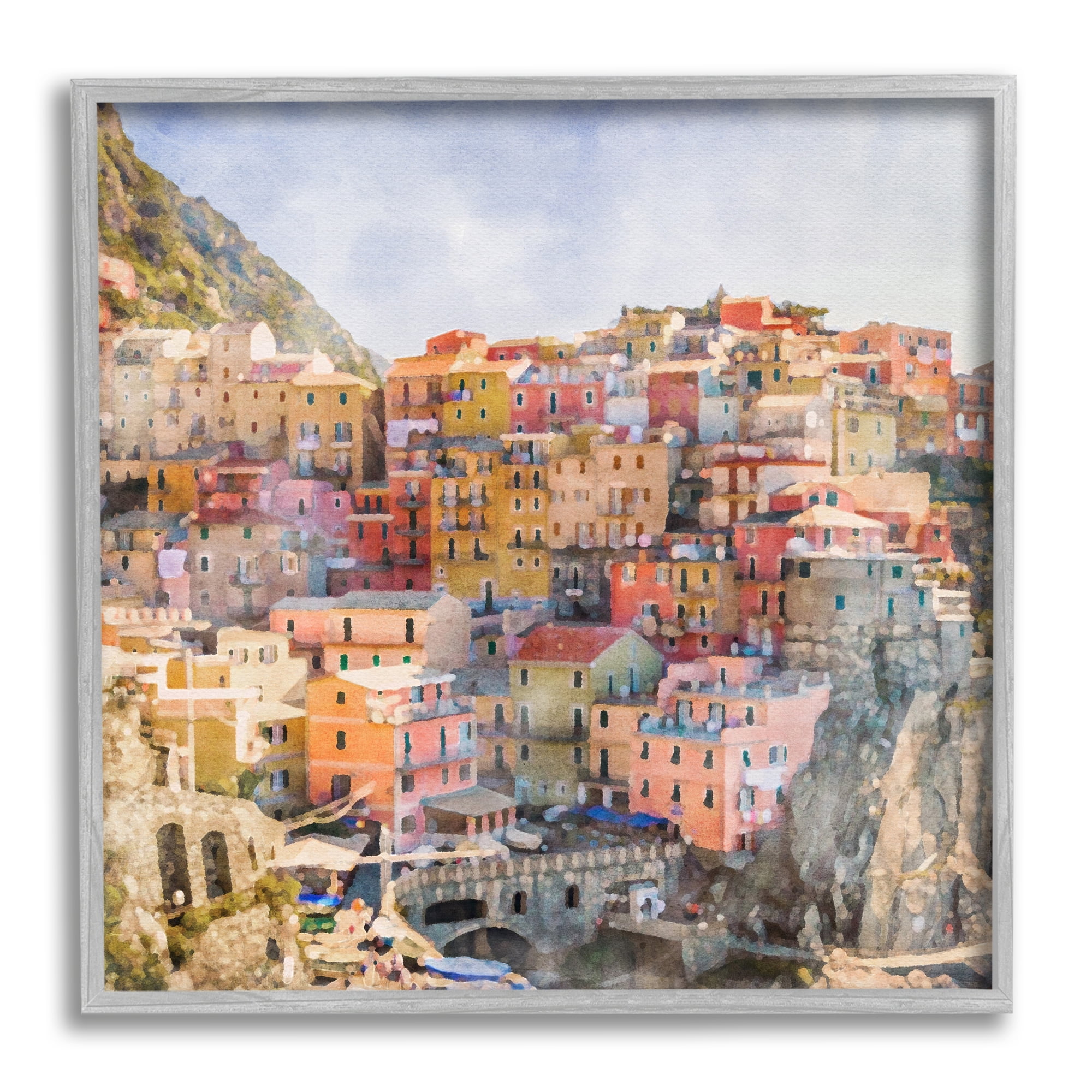 Stupell Industries Coastal Italian Town Travel & Places Painting Gray Framed Art Print Wall Art, 12 x 12