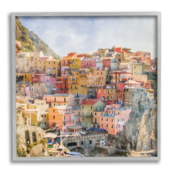 Stupell Industries Coastal Italian Town Travel & Places Painting Gray Framed Art Print Wall Art, 24 x 24