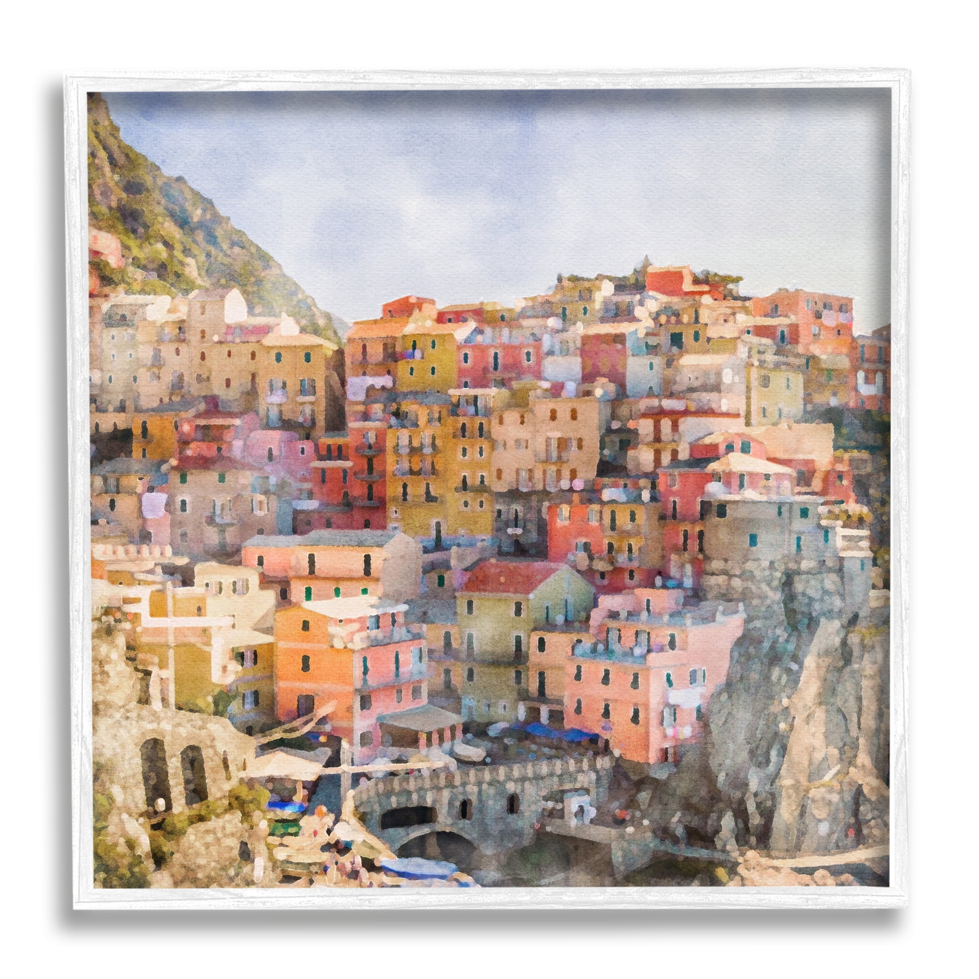 Stupell Industries Coastal Italian Town Travel & Places Painting White Framed Art Print Wall Art, 12 x 12
