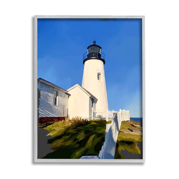 Stupell Industries Coastal Lighthouse Clear Blue Sky Graphic Art Gray Framed Art Print Wall Art, Design by Emily Kalina
