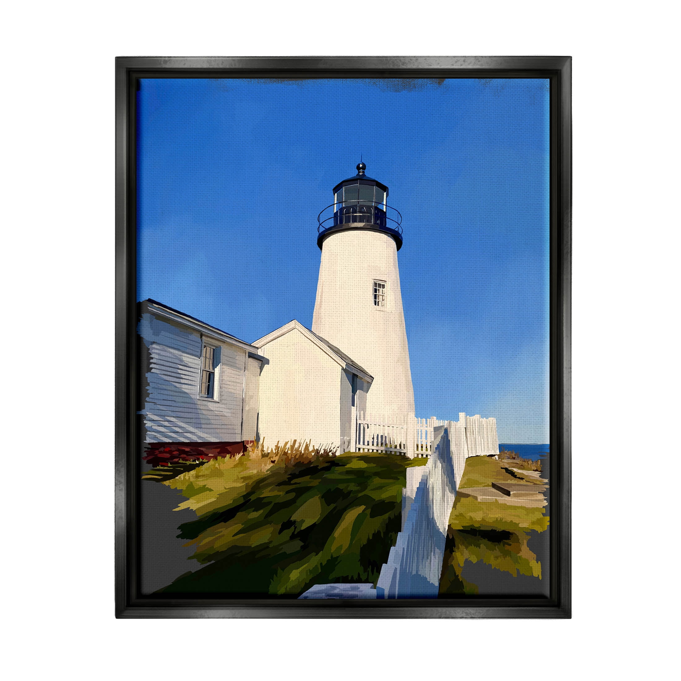 Stupell Industries Coastal Lighthouse Clear Blue Sky Graphic Art Jet Black Floating Framed Canvas Print Wall Art, Design by Emily Kalina