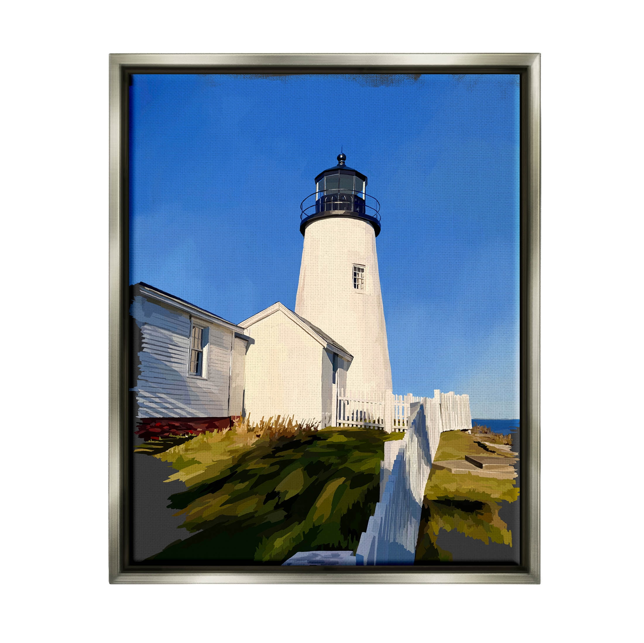 Stupell Industries Coastal Lighthouse Clear Blue Sky Graphic Art Luster Gray Floating Framed Canvas Print Wall Art, Design by Emily Kalina