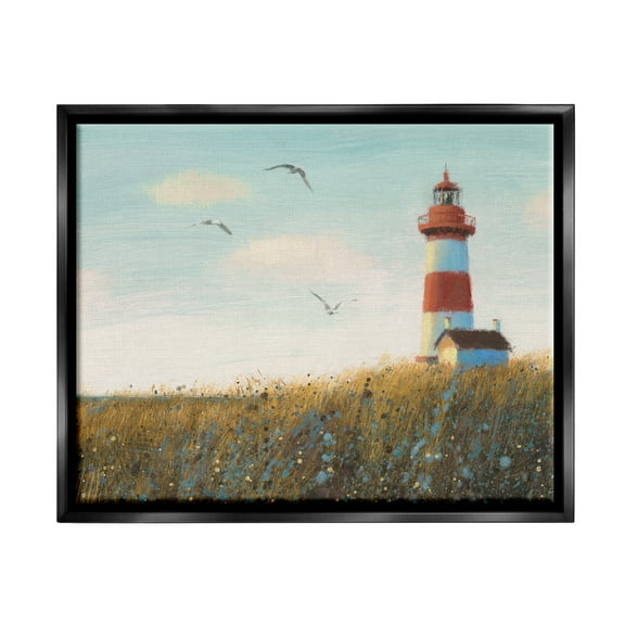 Stupell Industries Coastal Lighthouse Painting Nature Painting Black Floater Framed Art Print Wall Art, 21 x 17