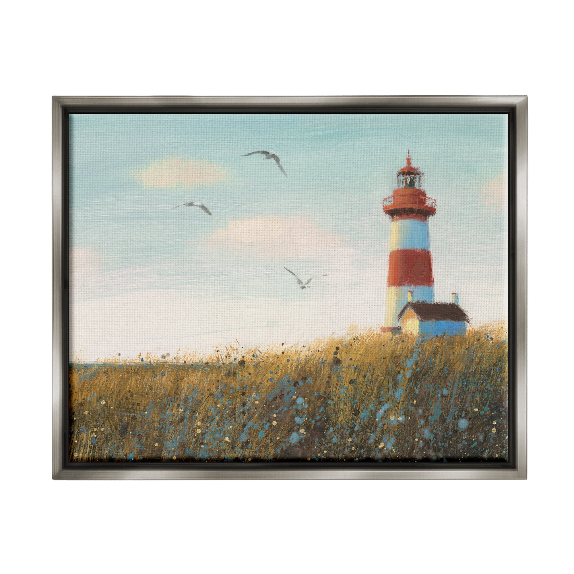 Stupell Industries Coastal Lighthouse Painting Nature Painting Gray Floater Framed Art Print Wall Art, 31 x 25