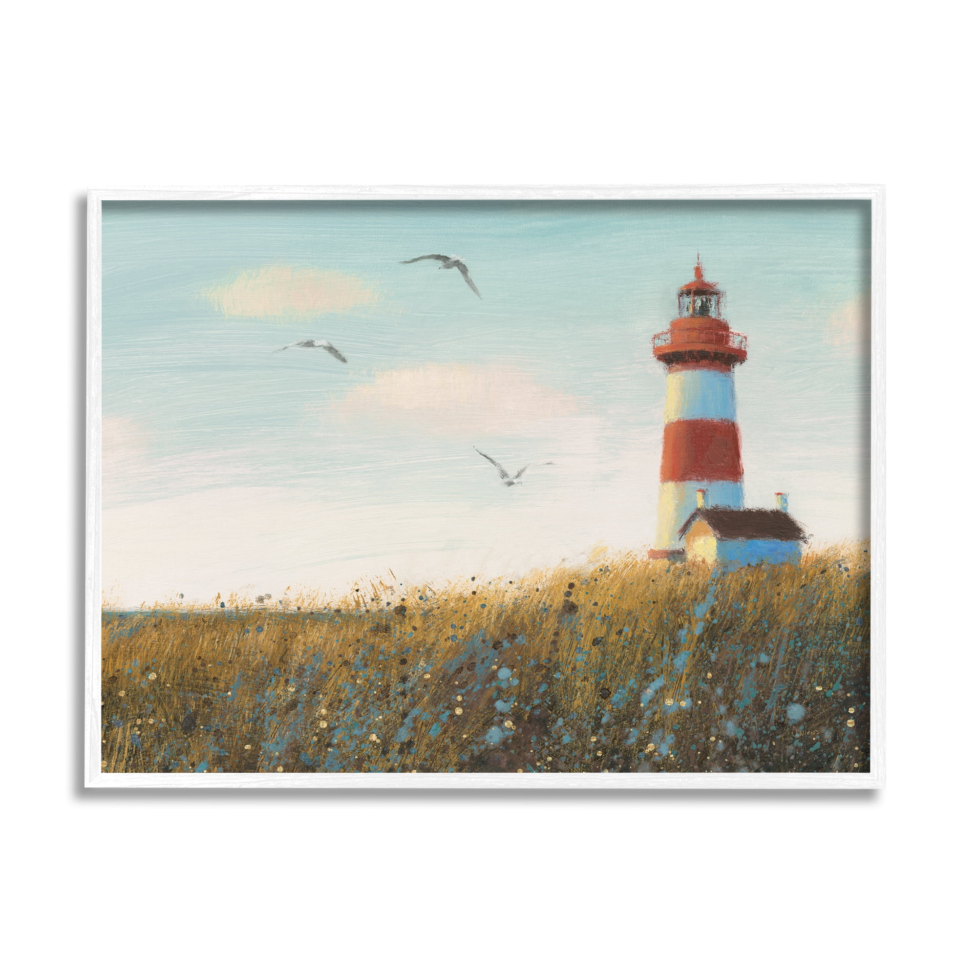 Stupell Industries Coastal Lighthouse Painting Nature Painting White Framed Art Print Wall Art, 20 x 16
