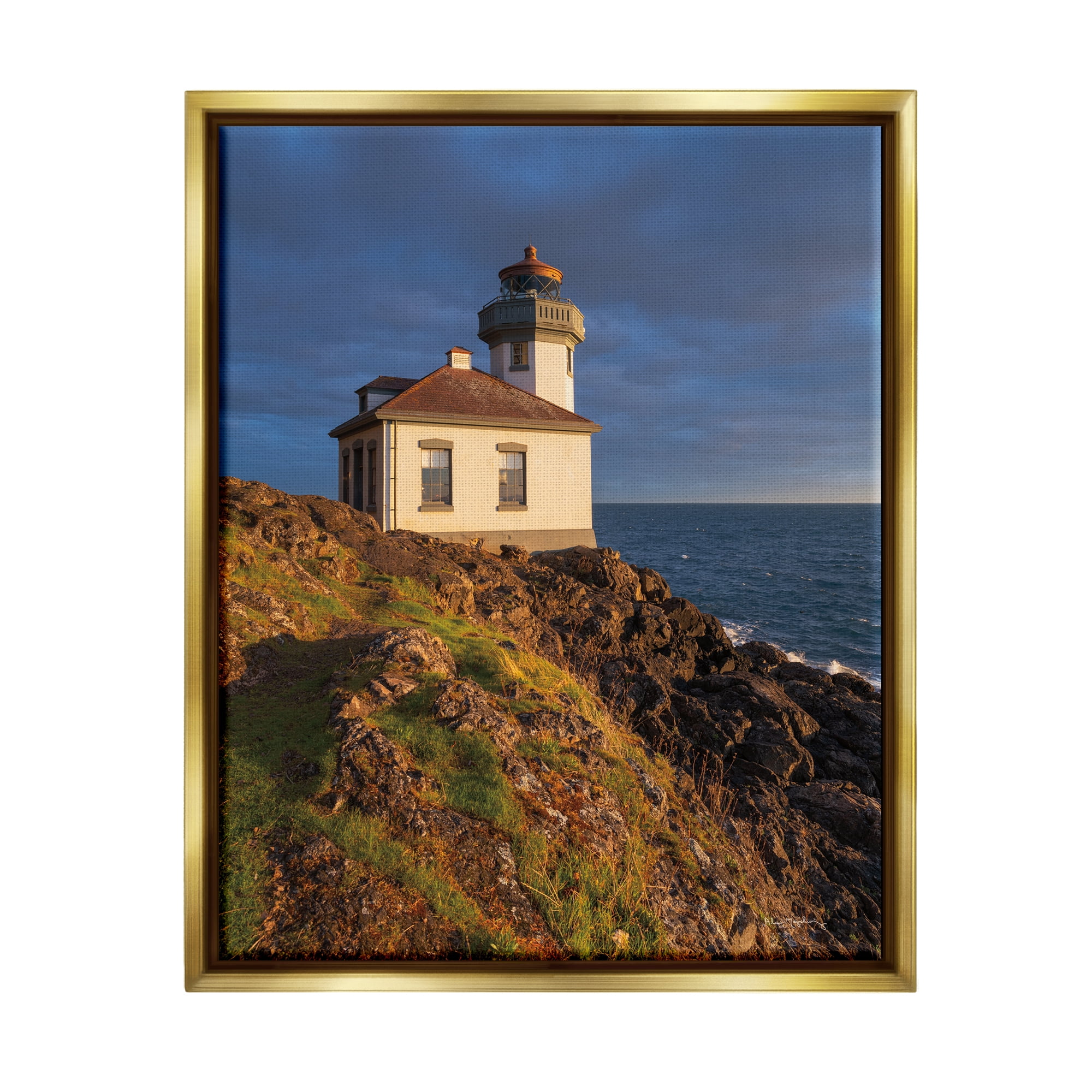 Stupell Industries Coastal Lighthouse Photography Landscape Photography Gold Floater Framed Canvas Art Print Wall Art, 25 x 31