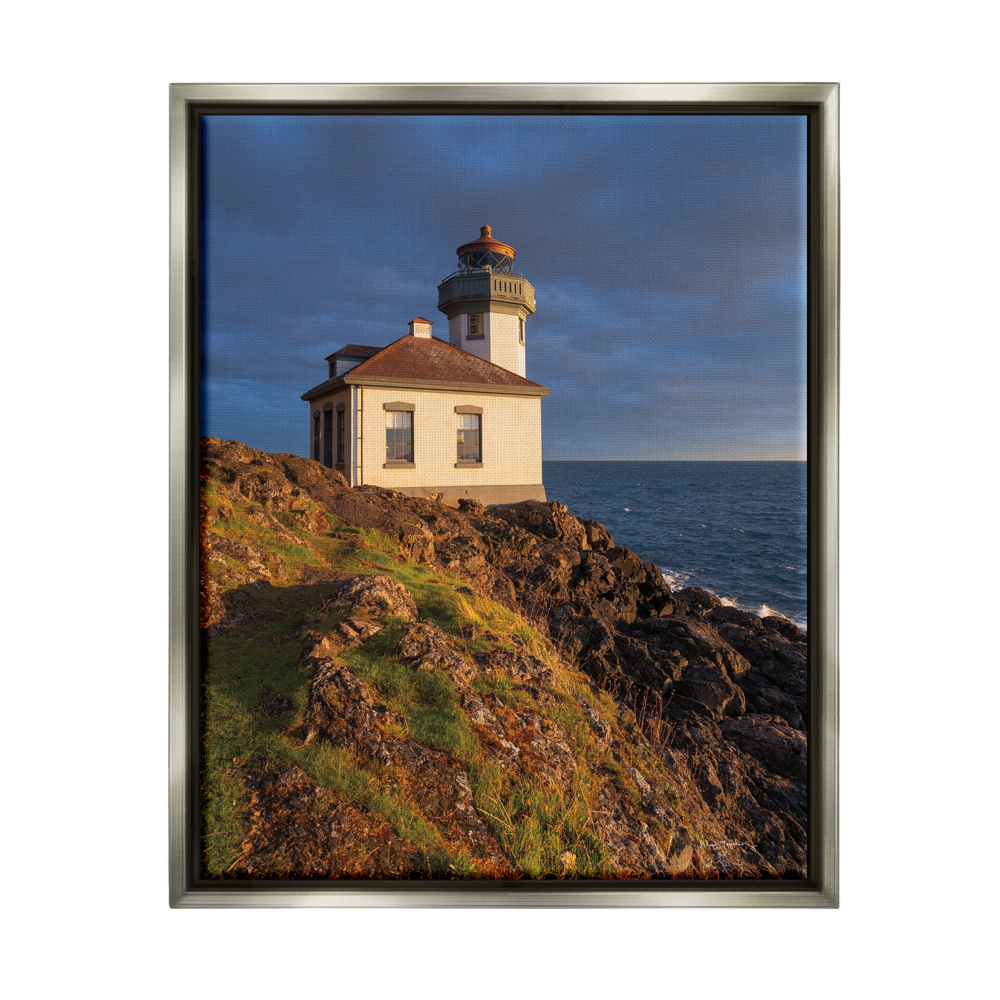 Stupell Industries Coastal Lighthouse Photography Landscape Photography Gray Floater Framed Canvas Art Print Wall Art, 17 x 21