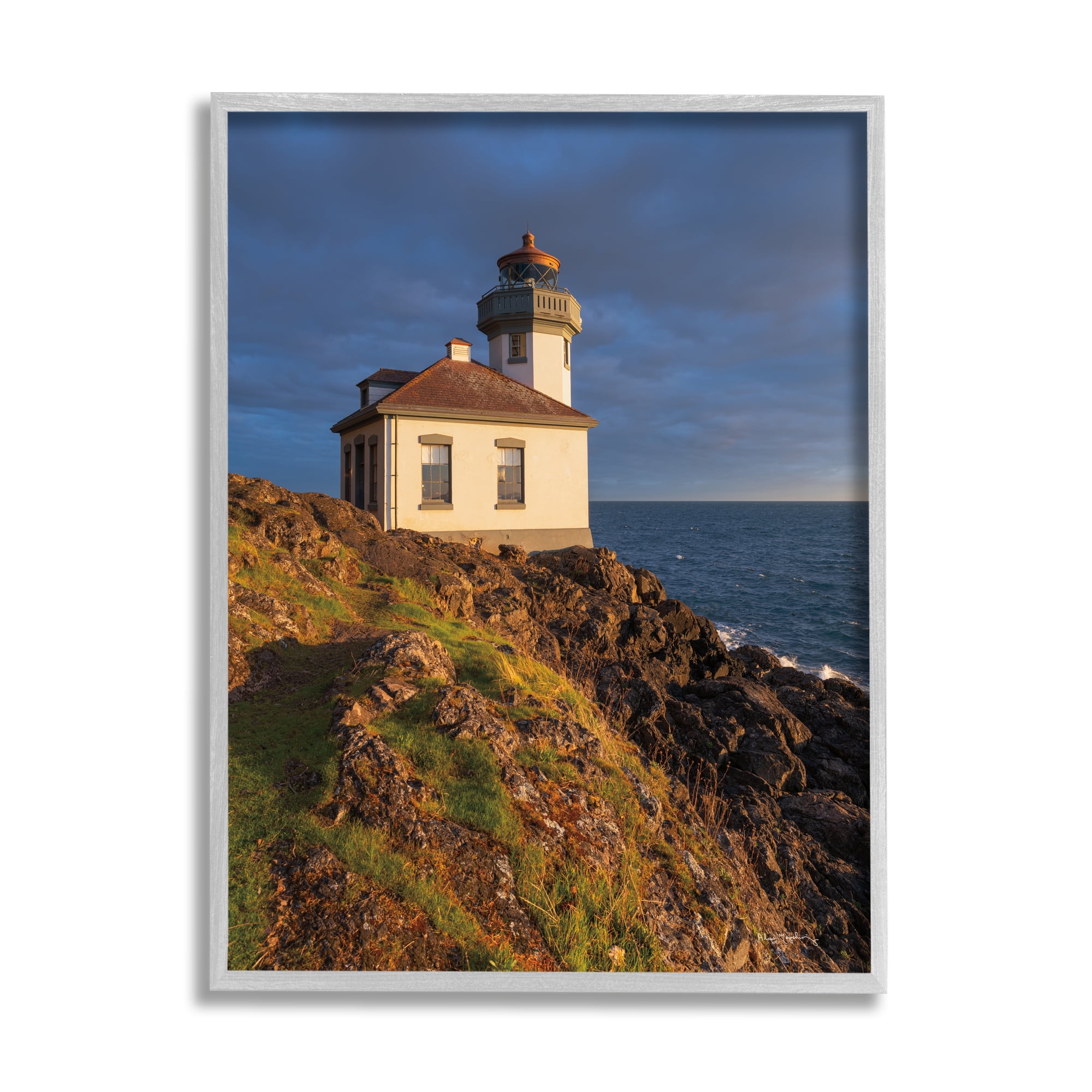 Stupell Industries Coastal Lighthouse Photography Landscape Photography Gray Framed Art Print Wall Art, 16 x 20
