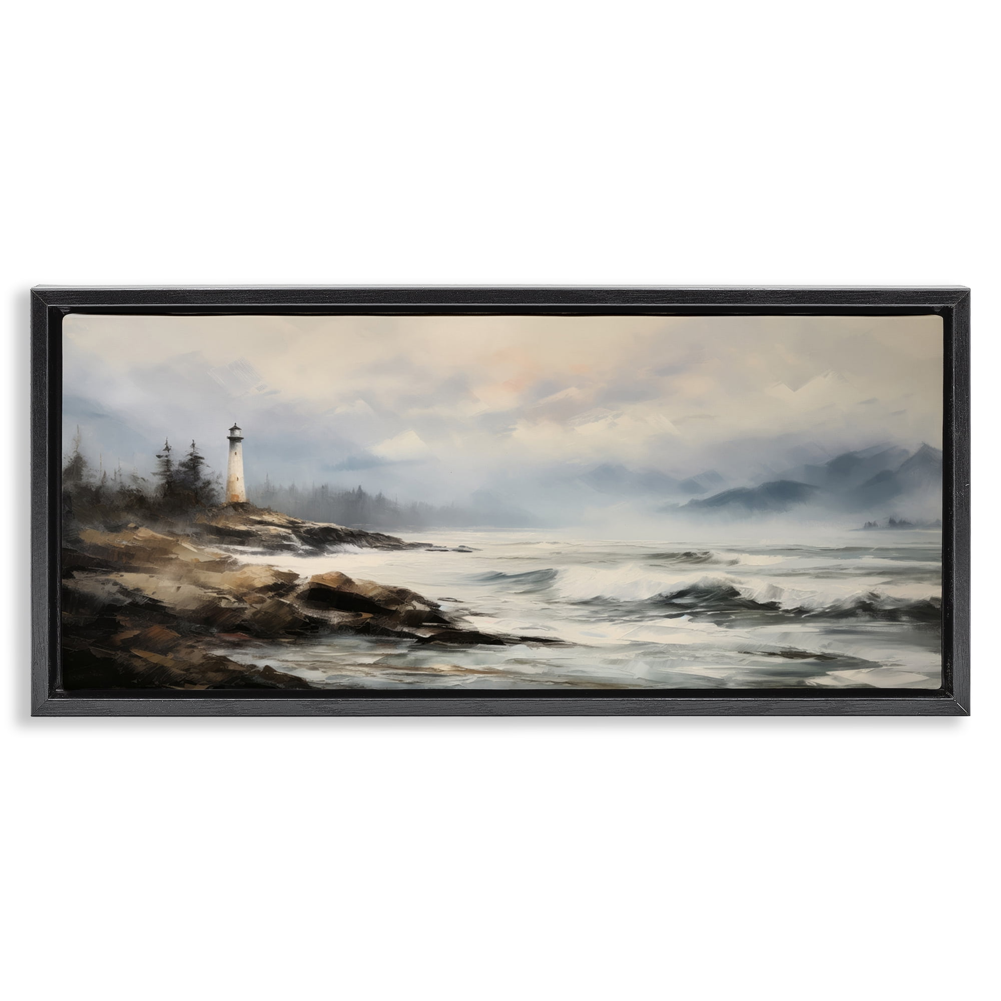 Stupell Industries Coastal Lighthouse Waves Coastal Painting Black Floater Framed Art Print Wall Art, 31 x 14