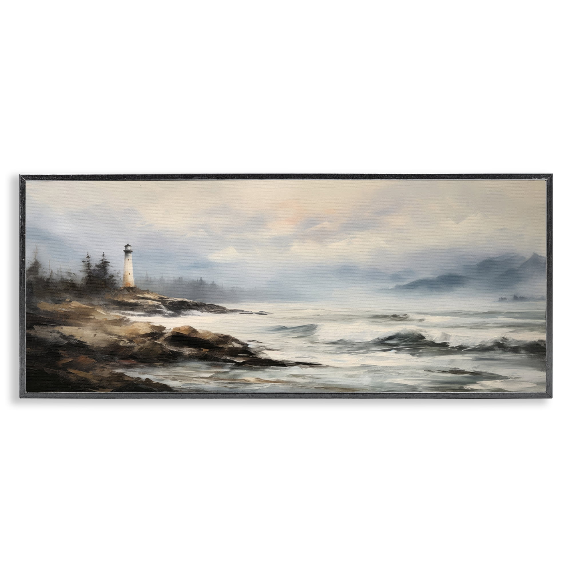 Stupell Industries Coastal Lighthouse Waves Coastal Painting Black Framed Art Print Wall Art, 30 x 13