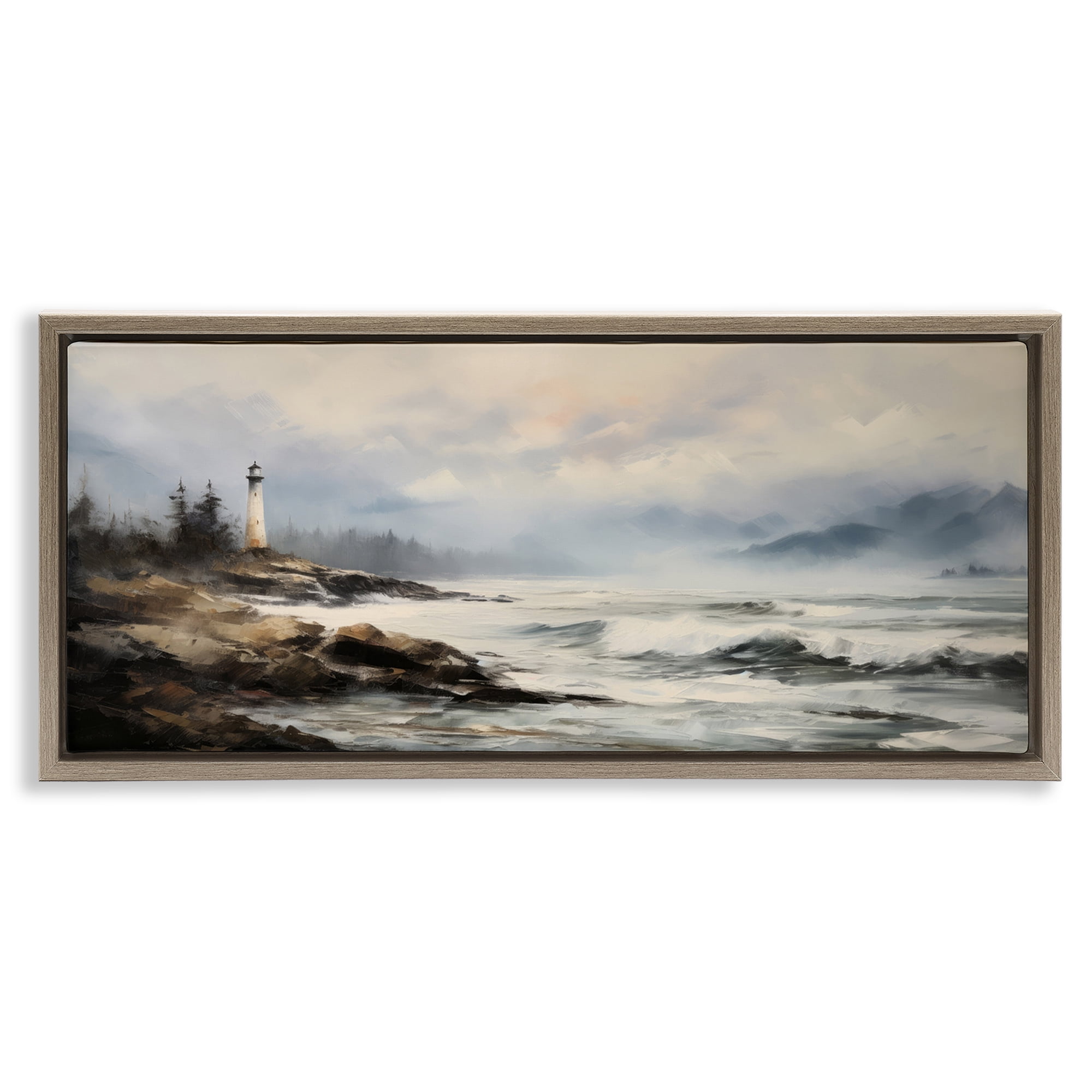 Stupell Industries Coastal Lighthouse Waves Coastal Painting Brown Floater Framed Art Print Wall Art, 25 x 11