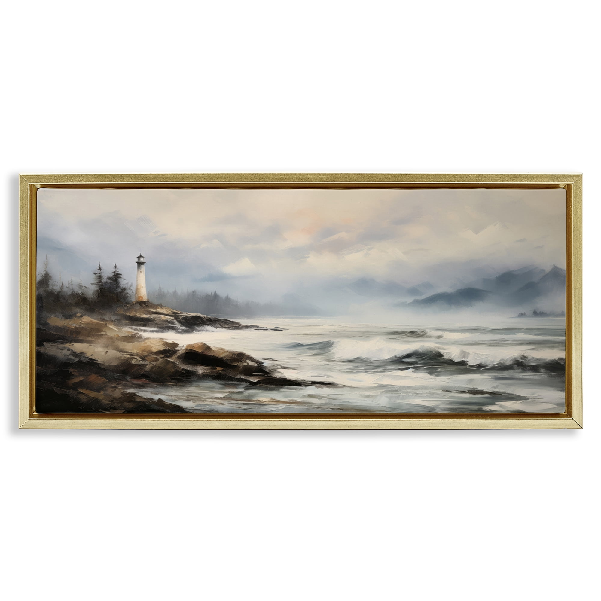 Stupell Industries Coastal Lighthouse Waves Coastal Painting Gold Floater Framed Art Print Wall Art, 25 x 11