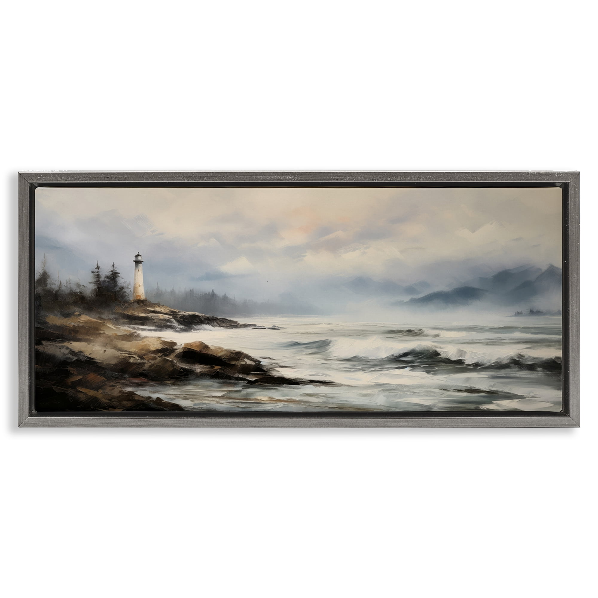 Stupell Industries Coastal Lighthouse Waves Coastal Painting Gray Floater Framed Art Print Wall Art, 25 x 11