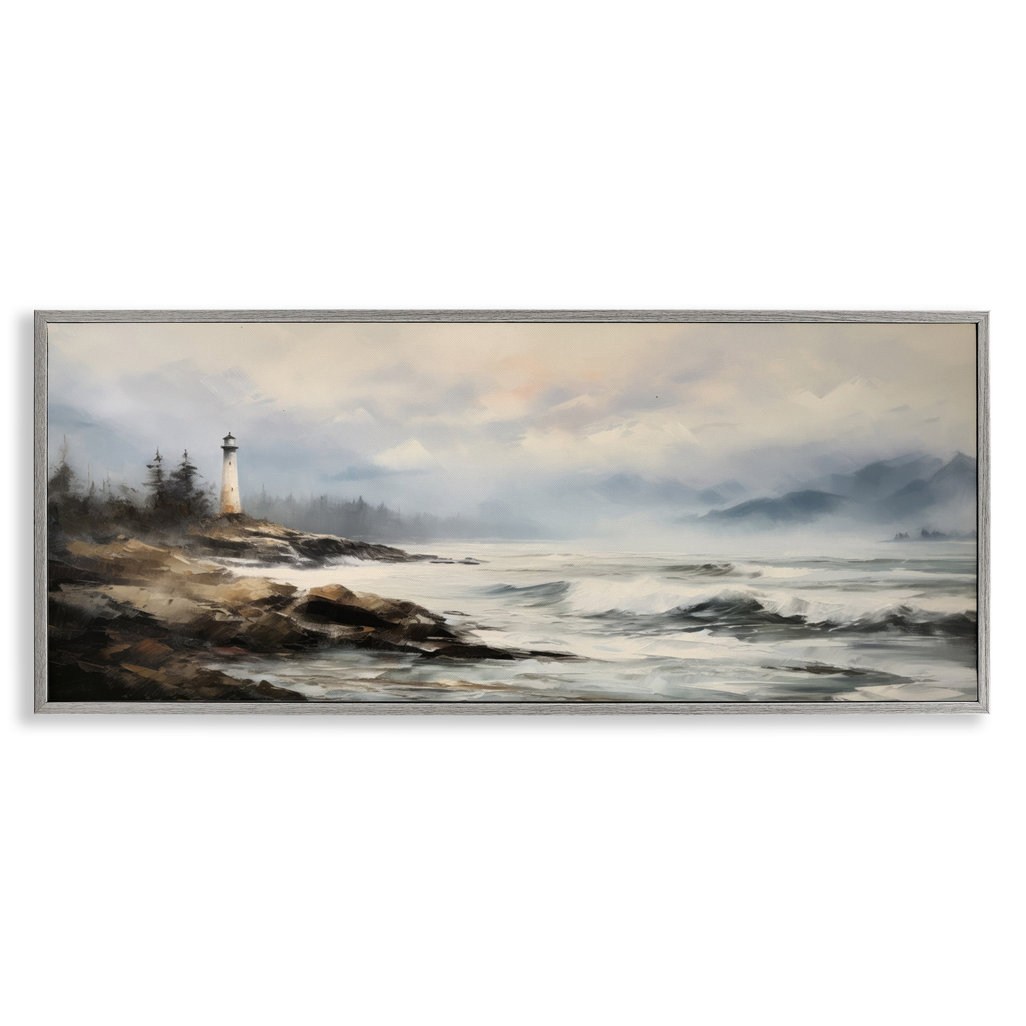 Stupell Industries Coastal Lighthouse Waves Coastal Painting Gray Framed Art Print Wall Art, 30 x 13
