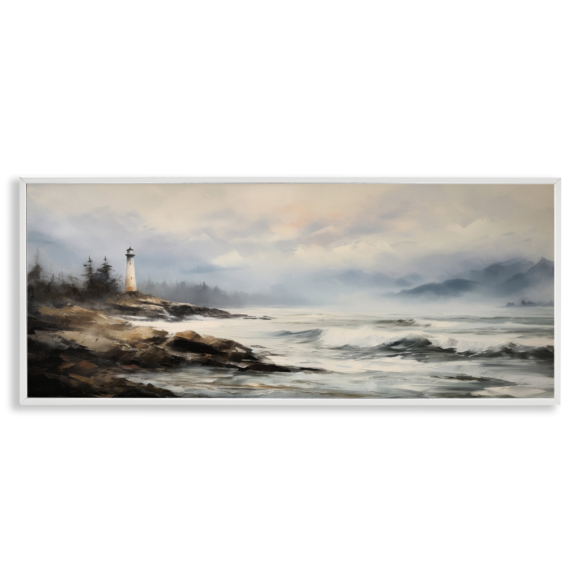 Stupell Industries Coastal Lighthouse Waves Coastal Painting White Framed Art Print Wall Art, 30 x 13
