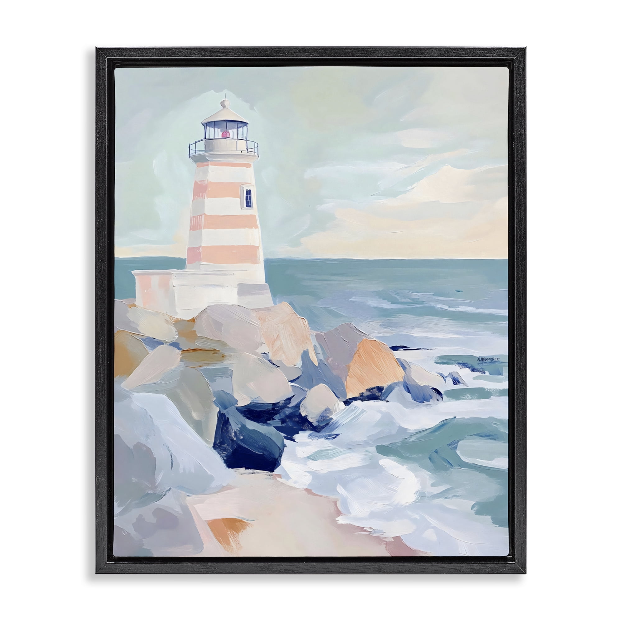 Stupell Industries Coastal Lighthouse in Pastels Black Framed Floater Canvas Wall Art, design by Creative Studio