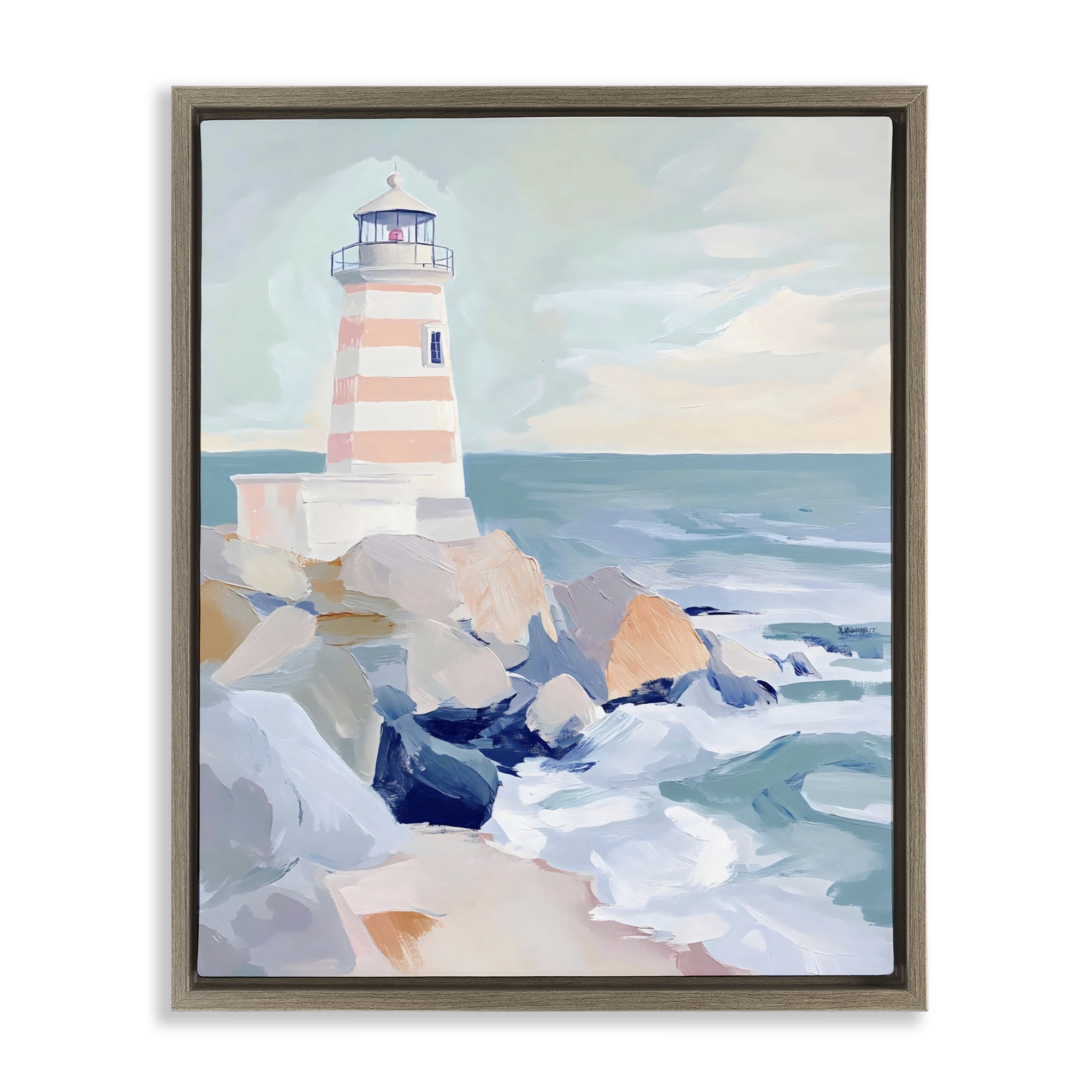 Stupell Industries Coastal Lighthouse in Pastels Brown Framed Floater Canvas Wall Art, design by Creative Studio