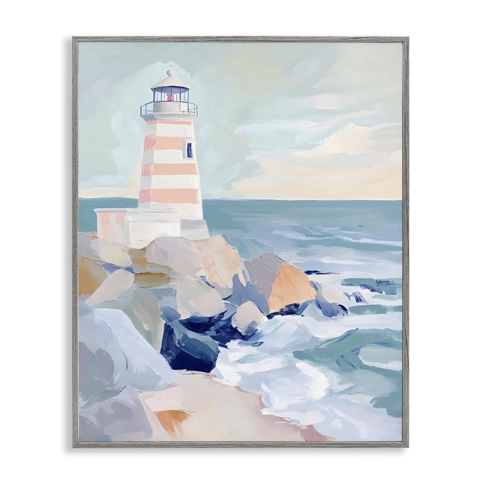 Stupell Industries Coastal Lighthouse in Pastels Gray Framed Giclee Art, design by Creative Studio