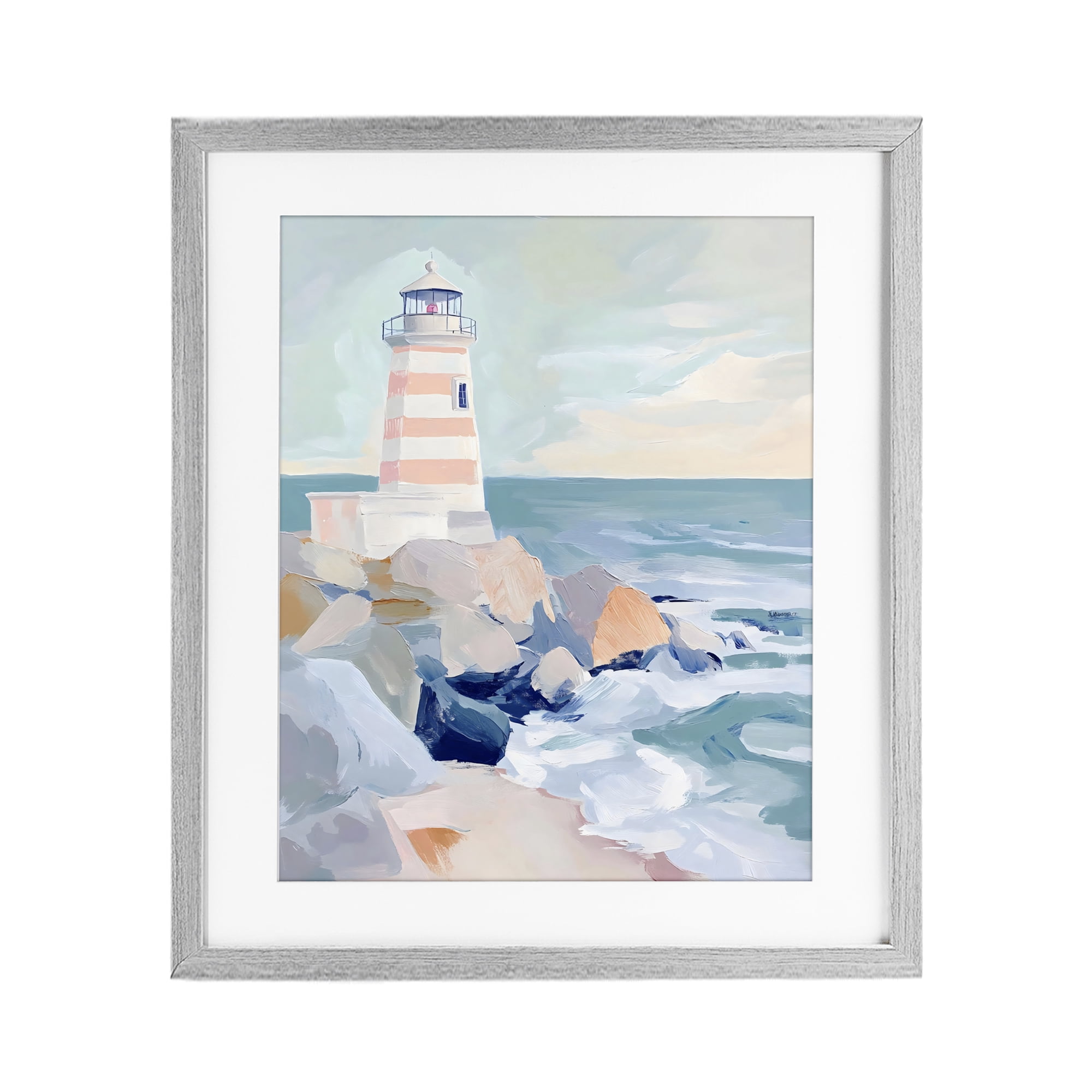 Stupell Industries Coastal Lighthouse in Pastels Gray Framed Print Under Glass, design by Creative Studio